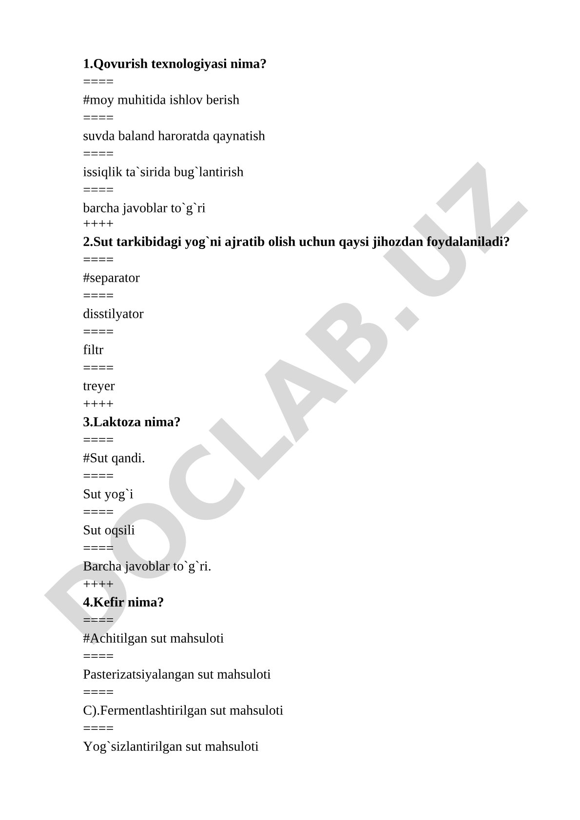 Oziq-ovqat texnologiyasi test savollari