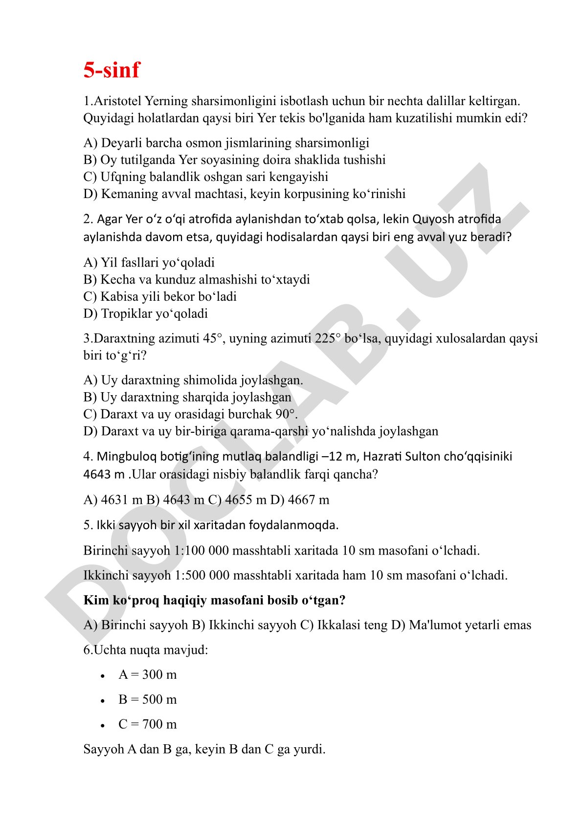 5-sinf geografiya test savollari