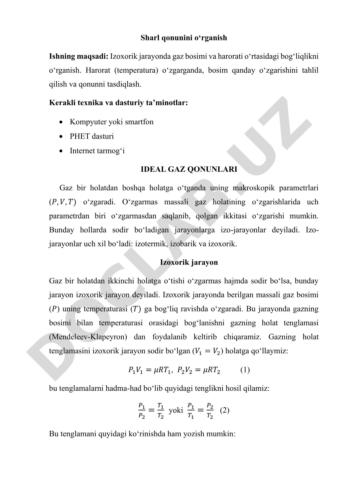 Izoxorik jarayonda gaz bosimi va harorati orasidagi bog‘liqlikni o‘rganish