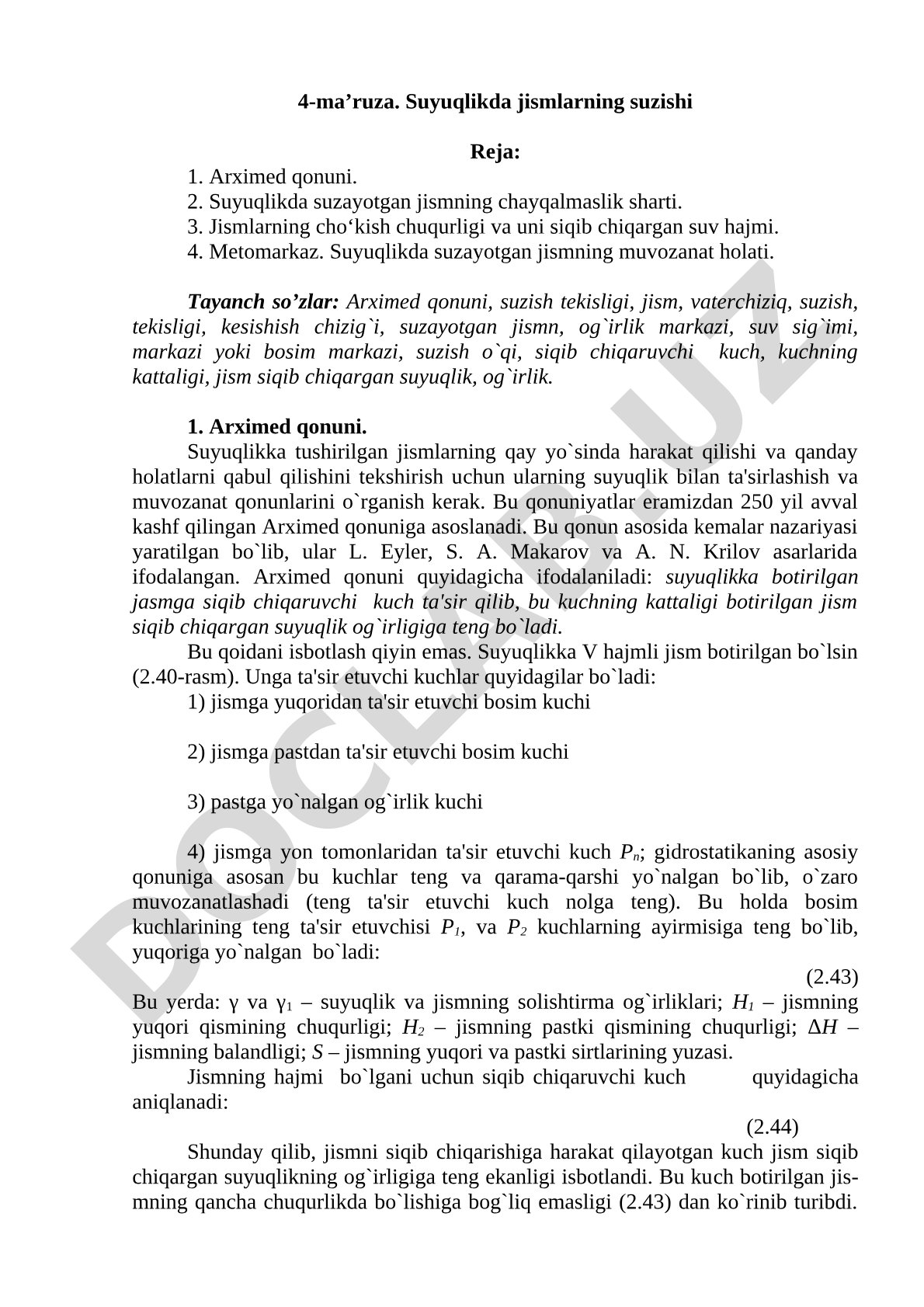 Suyuqlikda suzayotgan jismning chayqalmaslik sharti