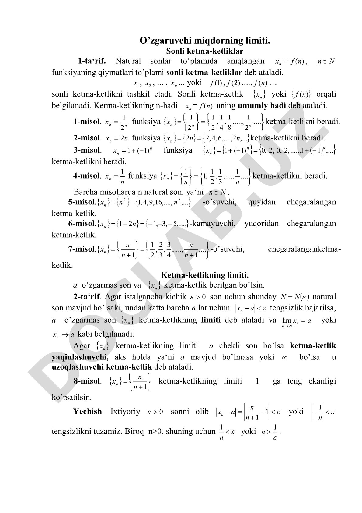 O'zgaruvchi miqdorning limiti. Sonli ketma-ketliklar
