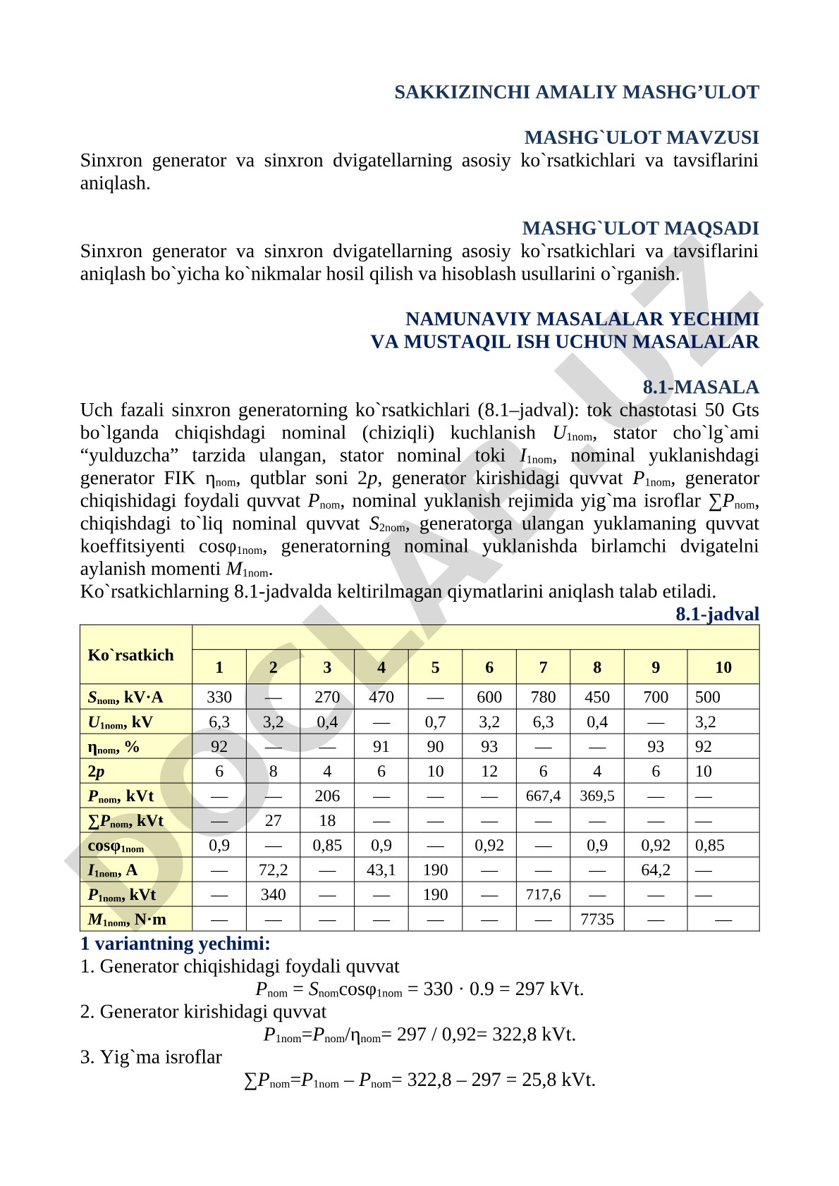 Sinxron generator va sinxron dvigatellarning asosiy ko'rsatkichlari va tavsiflarini aniqlash
