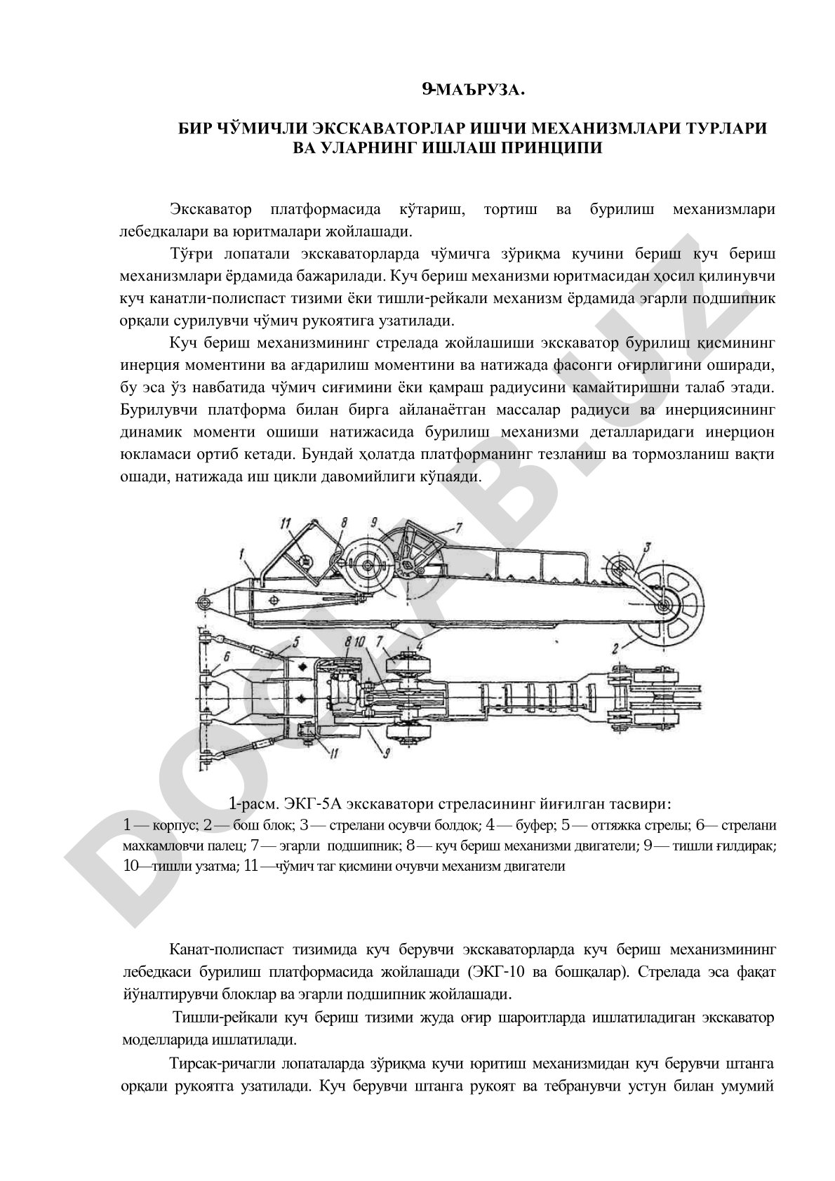 Бир чўмичли экскаваторлар ишчи механизмлари турлари ва уларнинг ишлаш принципи