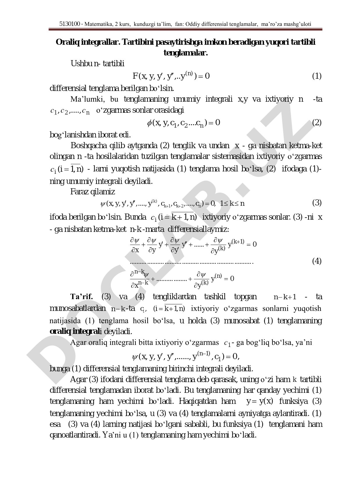 Oraliq integrallar. Tartibini pasaytirishga imkon beradigan yuqori tartibli tenglamalar