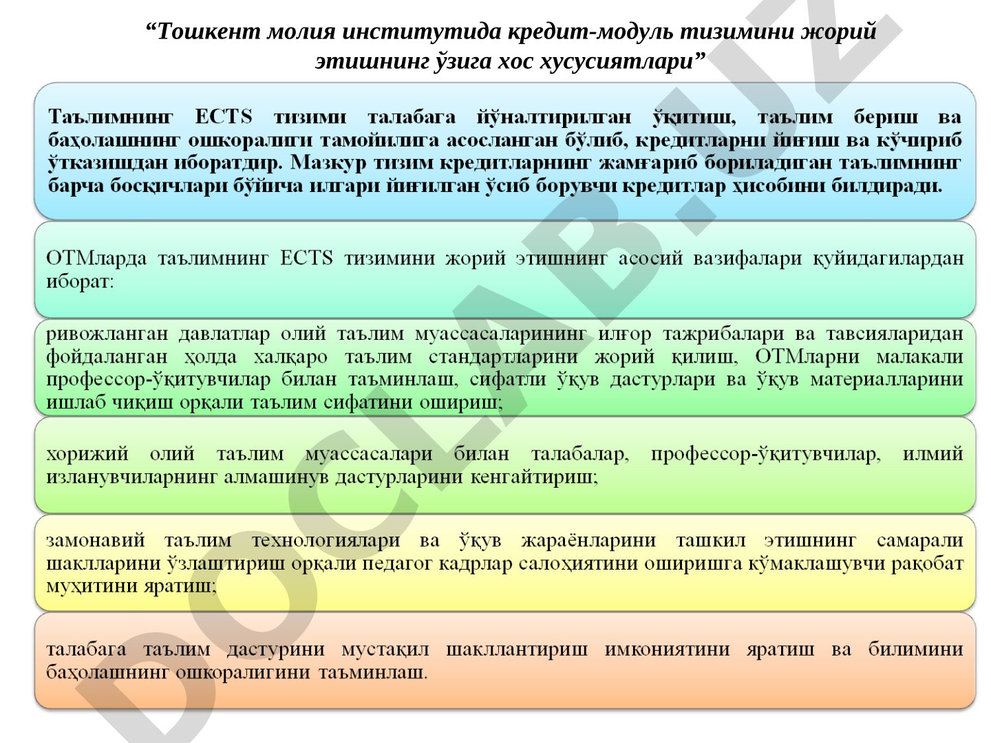 Тошкент молия институтида кредит-модуль тизимини жорий этишнинг ўзига хос хусусиятлари