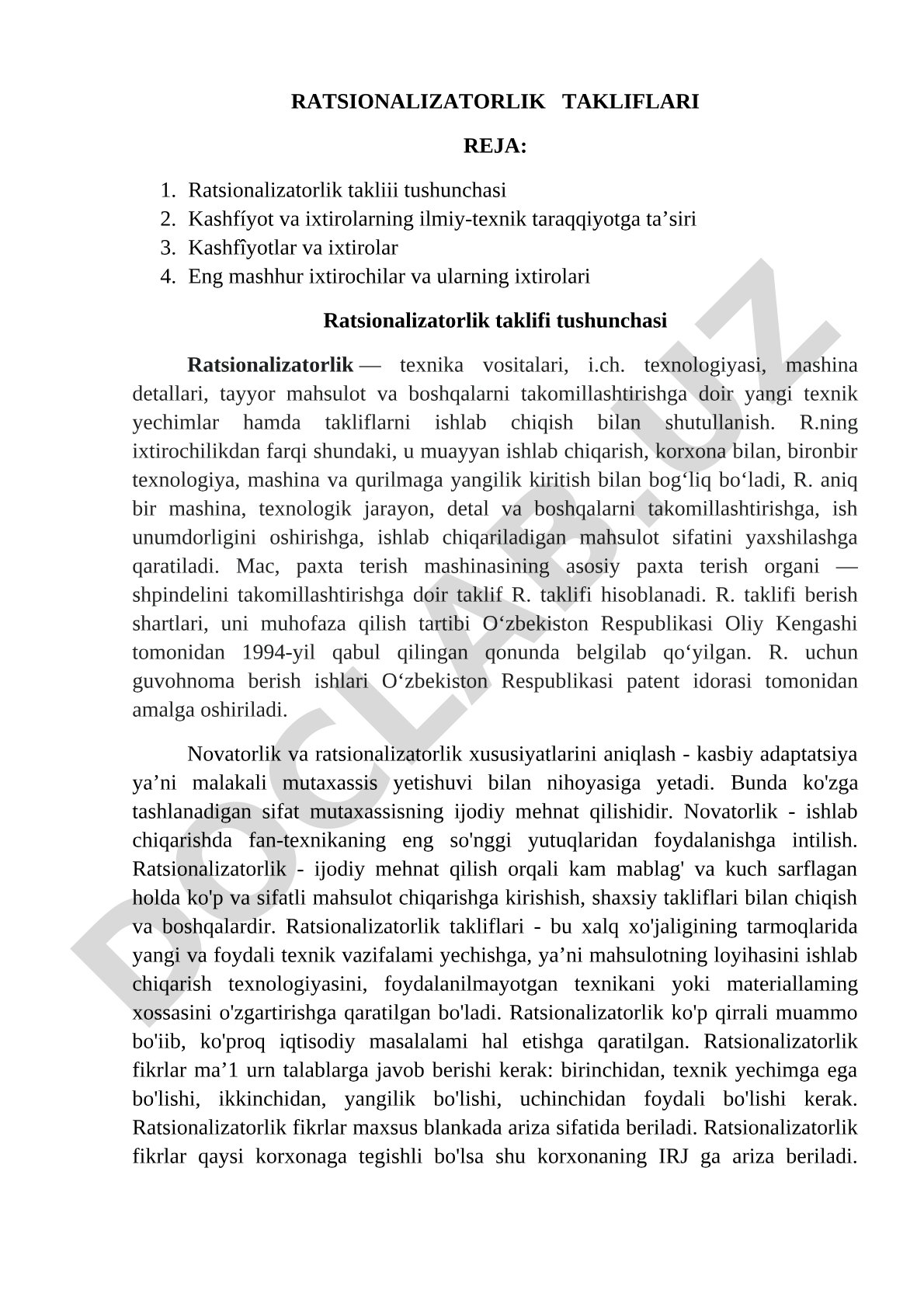 Ratsionalizatorlik taklifining tushunchasi, ixtirochilikdan farqi va ahamiyati yoritilgan