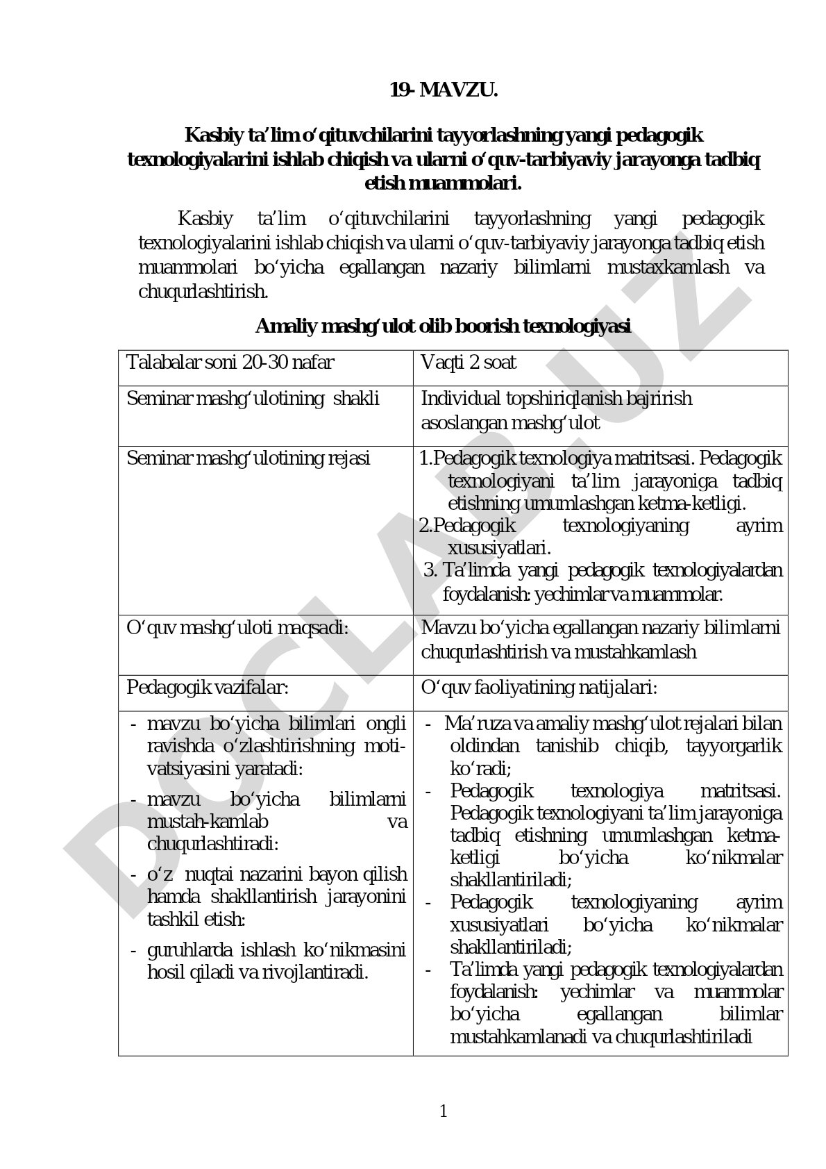Kasbiy ta’lim o‘qituvchilarini tayyorlashning yangi pedagogik texnologiyalarini ishlab chiqish va ularni o‘quv-tarbiyaviy jarayonga tadbiq etish muammolari