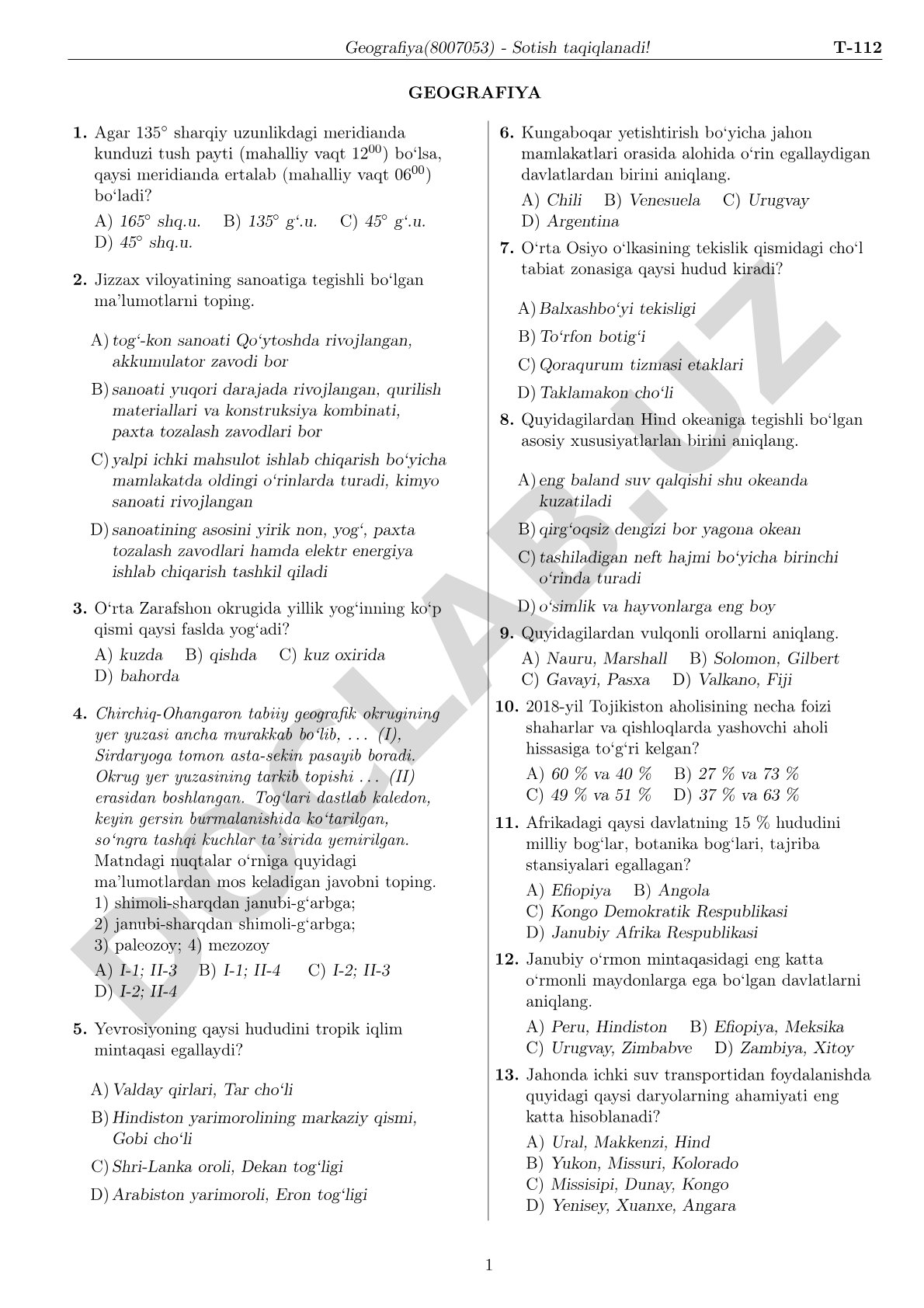 Geografiya fanidan test savollari