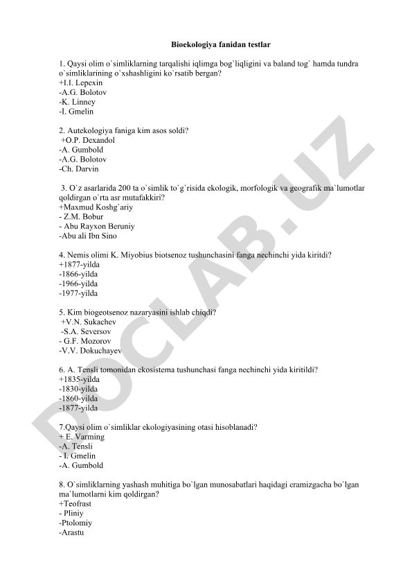 Bioekologiya fanidan test savollari