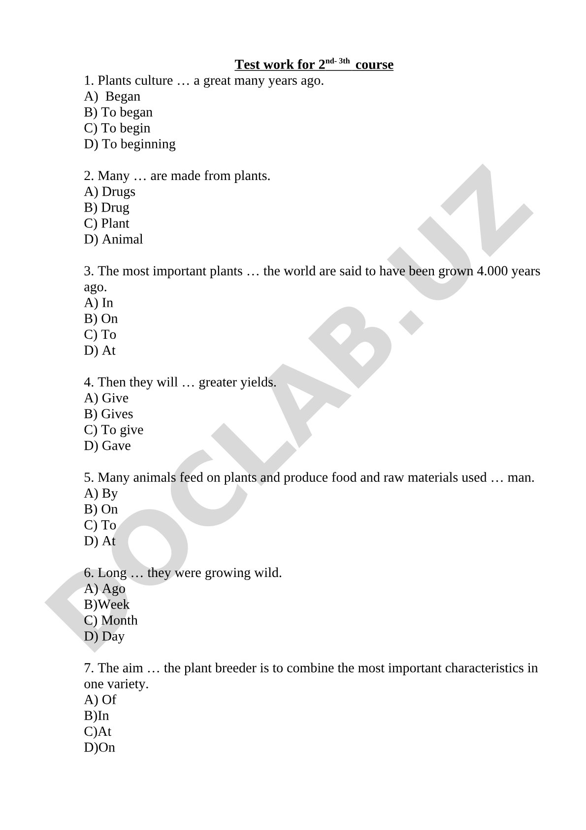 English test on plants and agriculture