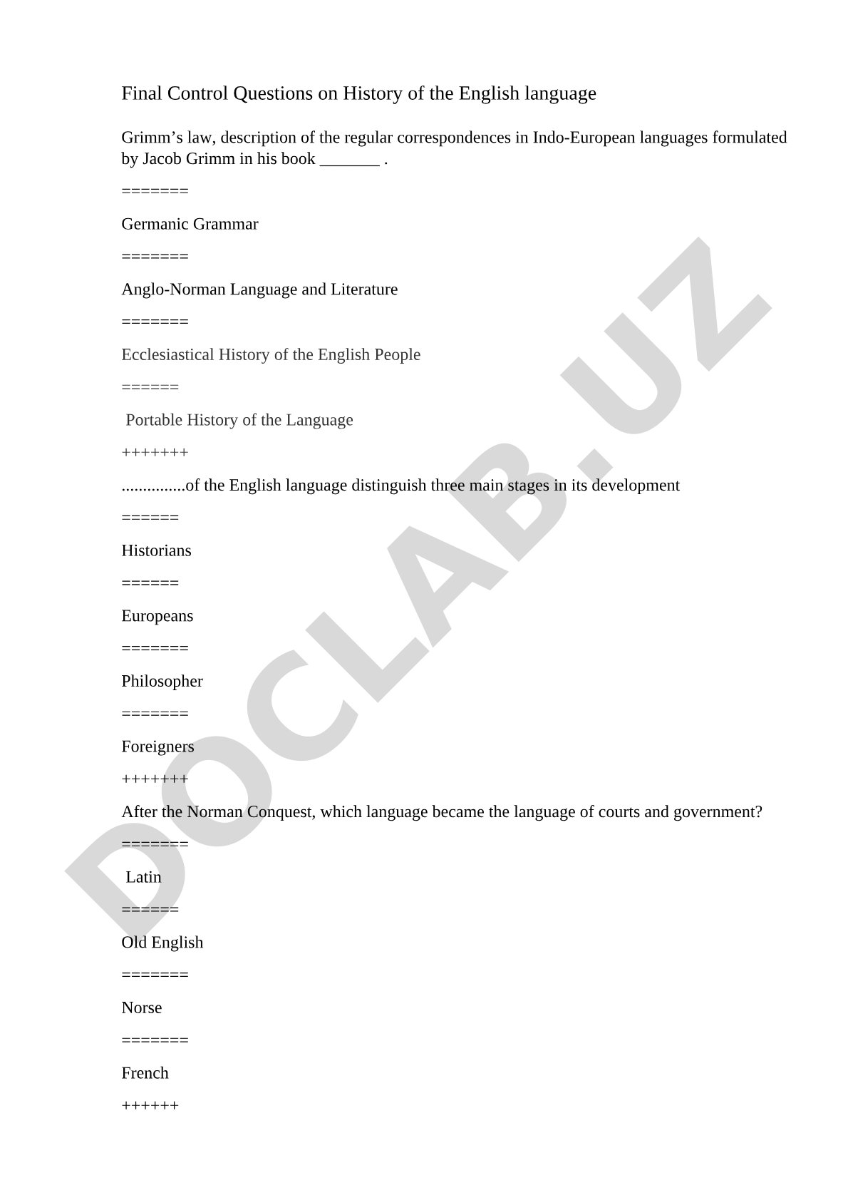 Final Control Questions on History of the English language