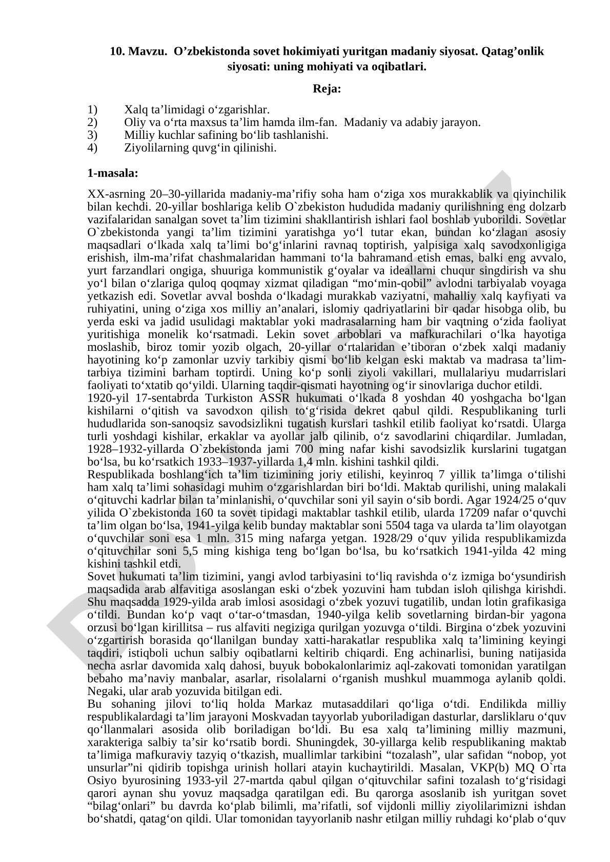 O’zbekistonda sovet hokimiyati yuritgan madaniy siyosat. Qatag’onlik siyosati: uning mohiyati va oqibatlari