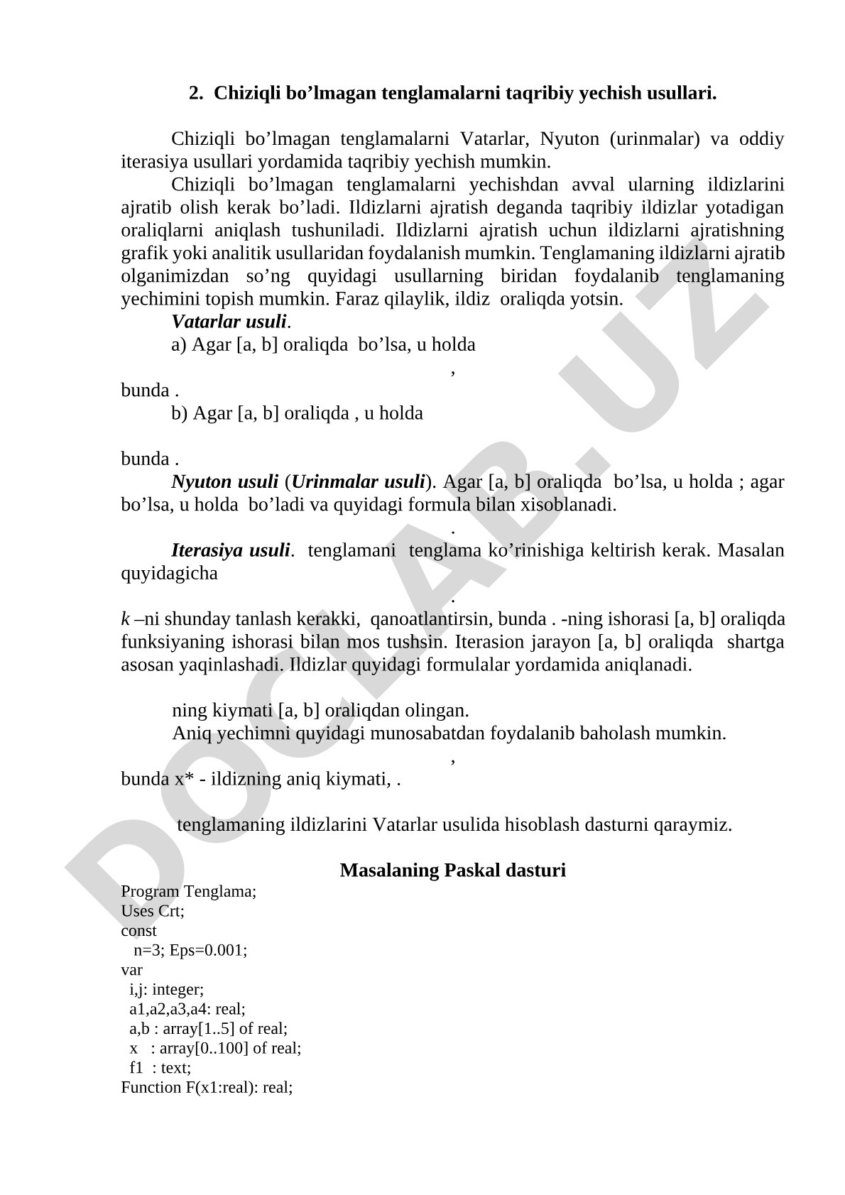 Chiziqli bo’lmagan tenglamalarni taqribiy yechish usullari