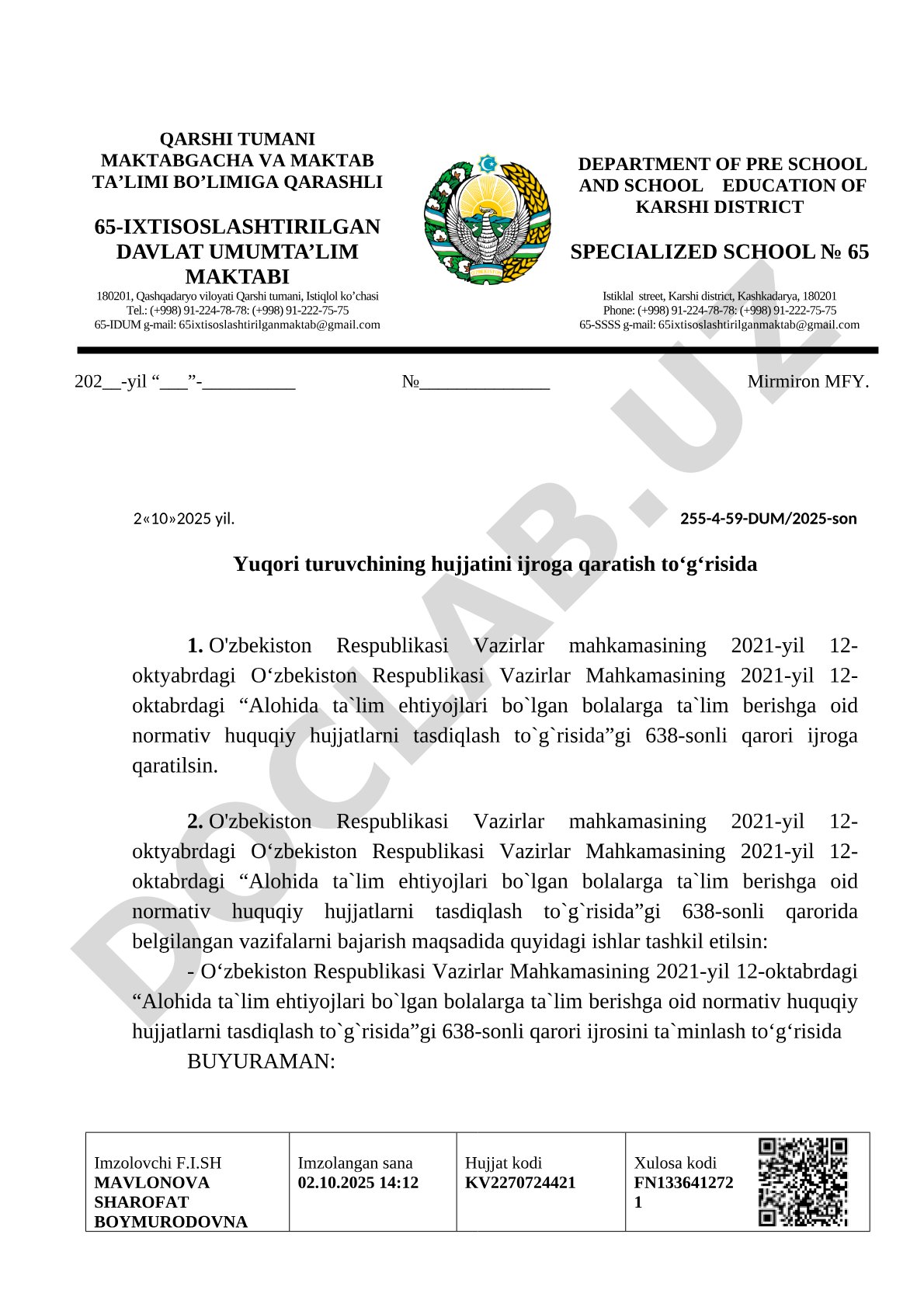 Alohida ta'lim ehtiyojlari bo'lgan bolalarga ta'lim berish qarori ijrosi