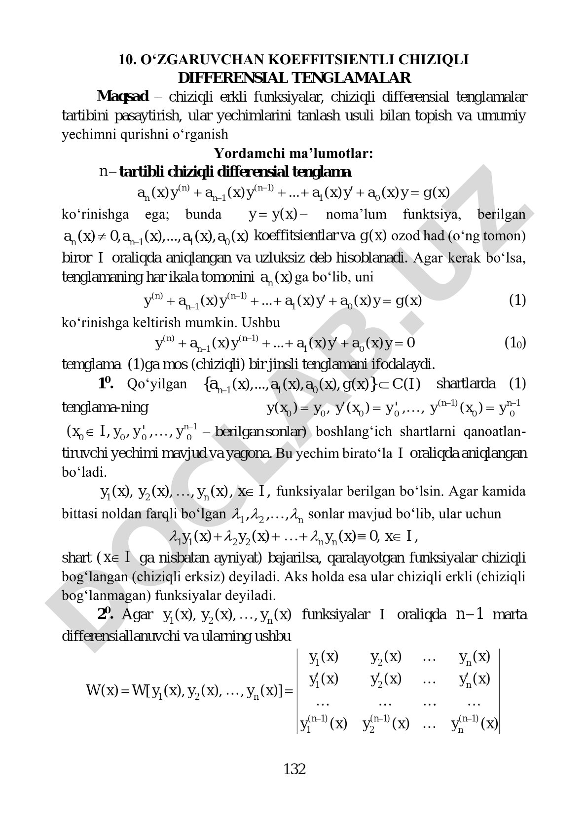 O'zgaruvchan koeffitsientli chiziqli differensial tenglamalar