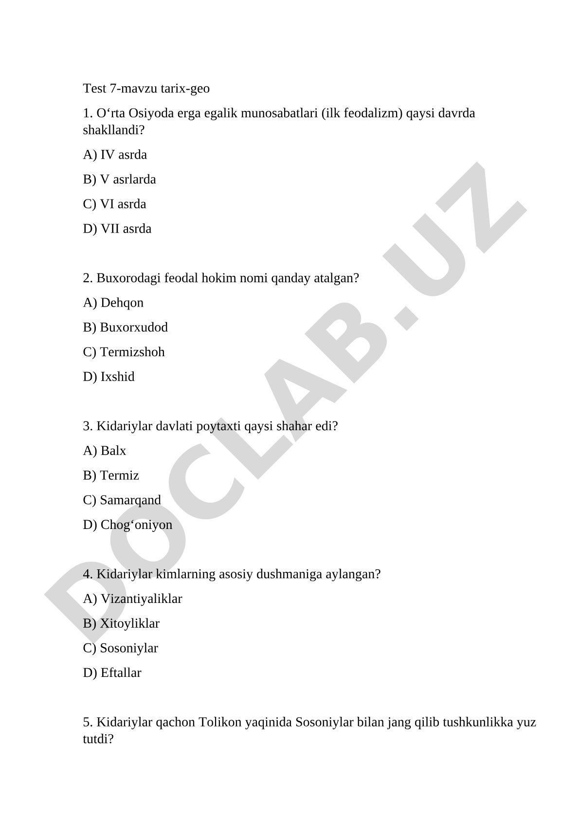 O‘rta Osiyo tarixi 7-mavzu testi