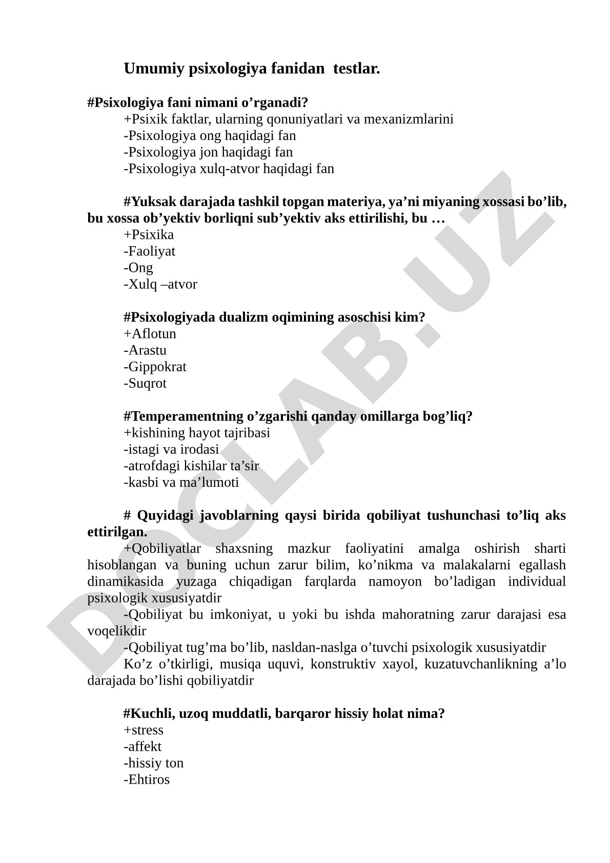 Umumiy psixologiya fanidan testlar