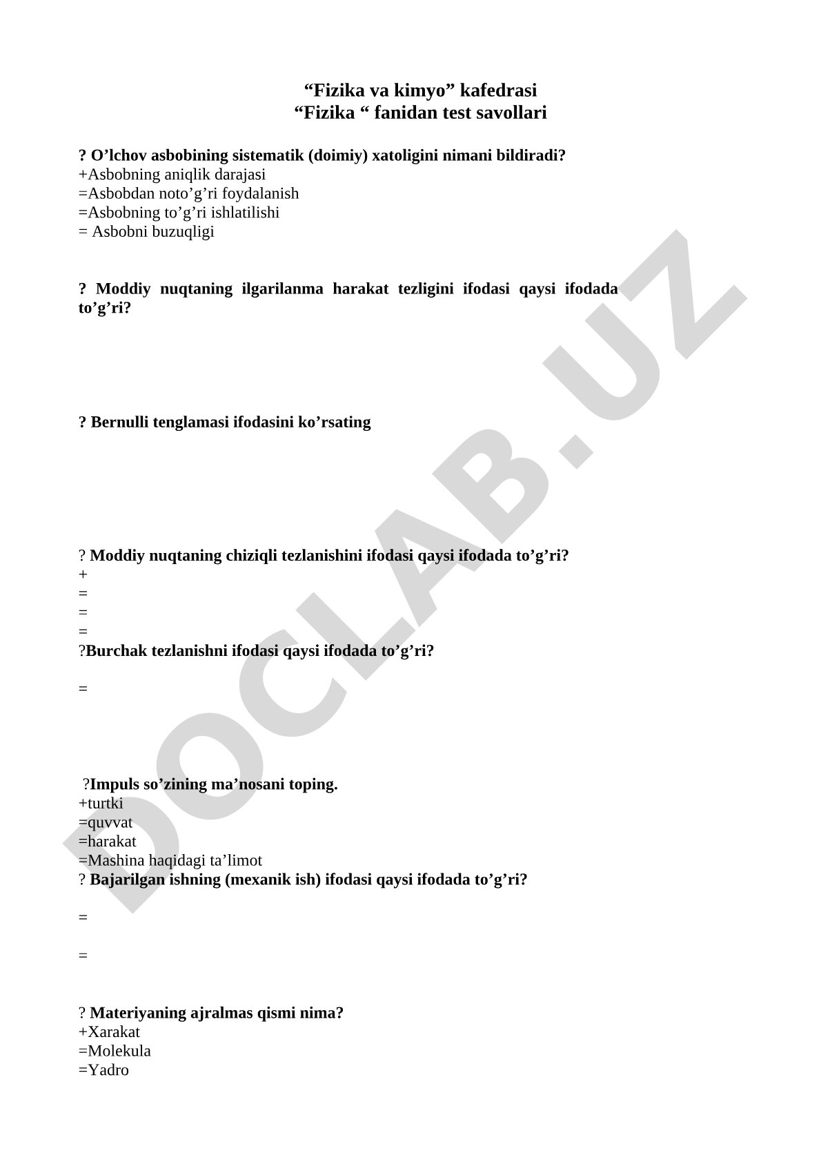 Fizika fanidan test savollari