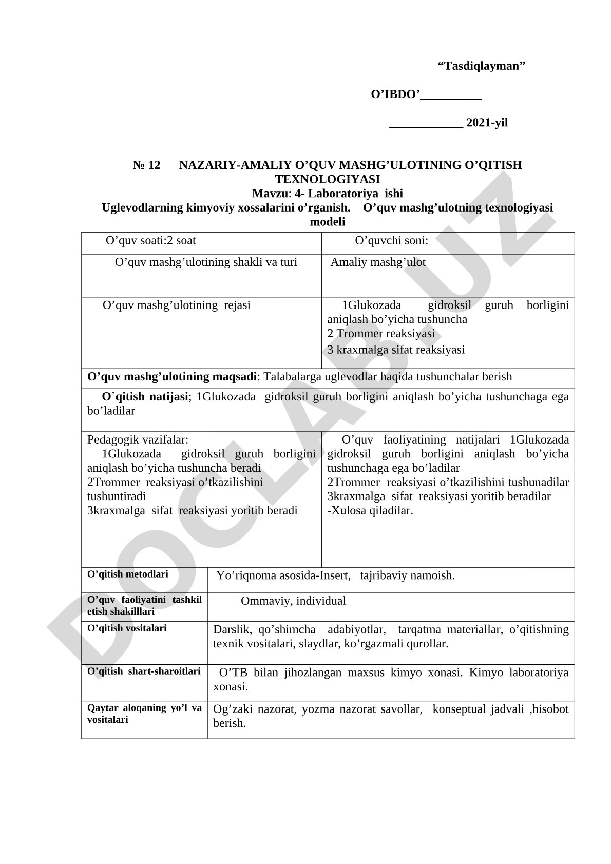 4- Laboratoriya ishi Uglevodlarning kimyoviy xossalarini o'rganish