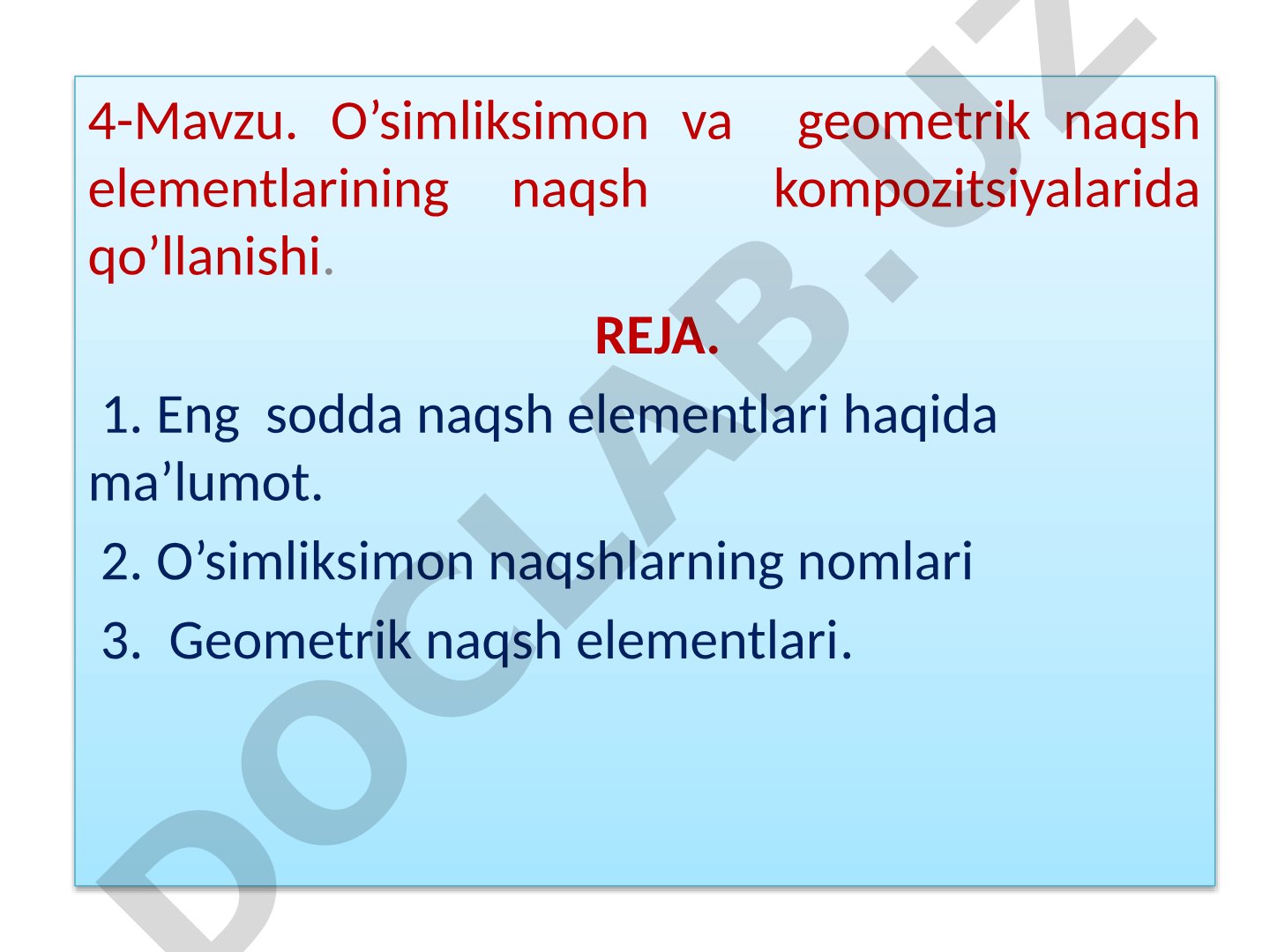 O’simliksimon va geometrik naqsh elementlarining naqsh kompozitsiyalarida qo’llanishi