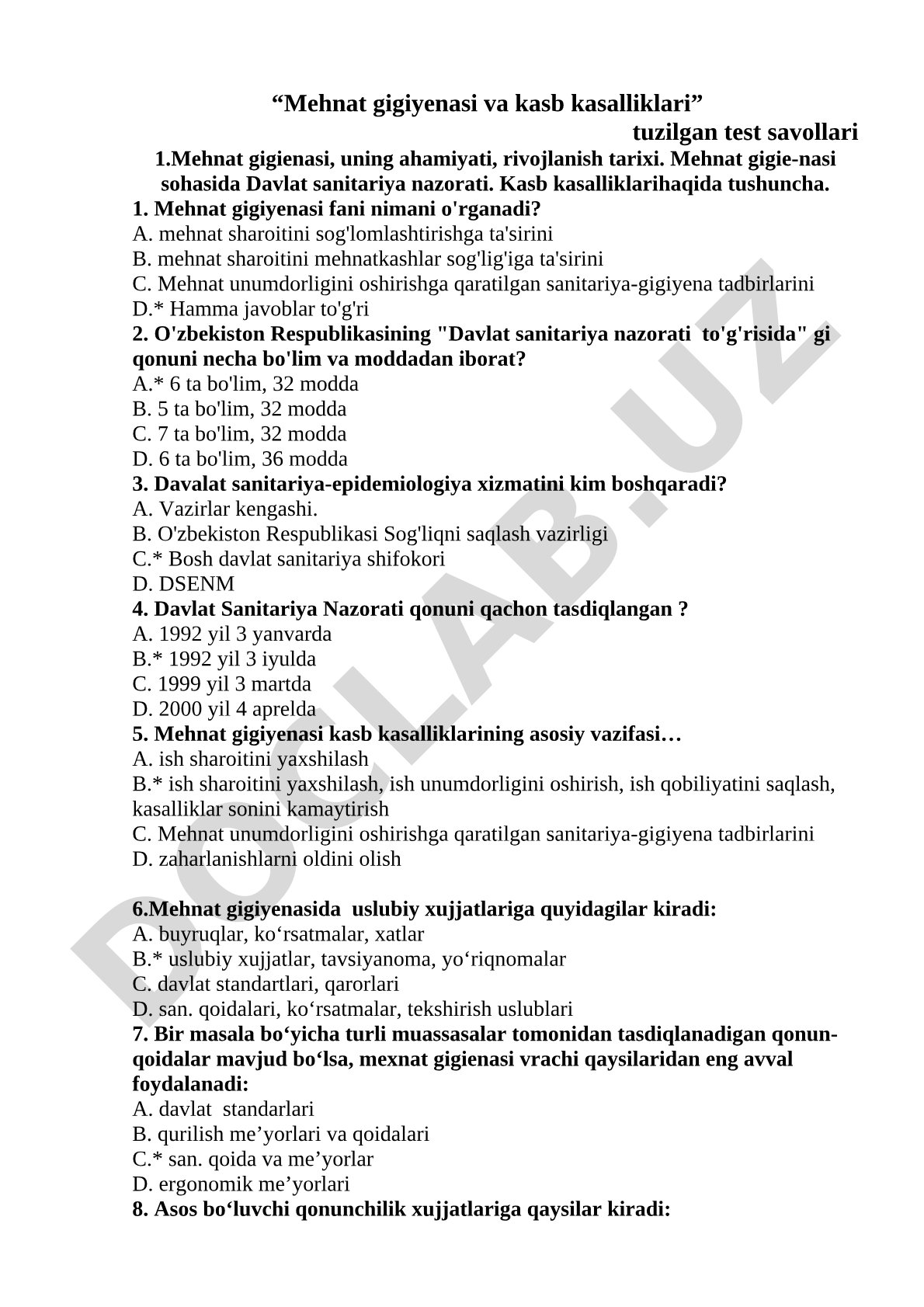 Mehnat gigiyenasi va kasb kasalliklari test savollari