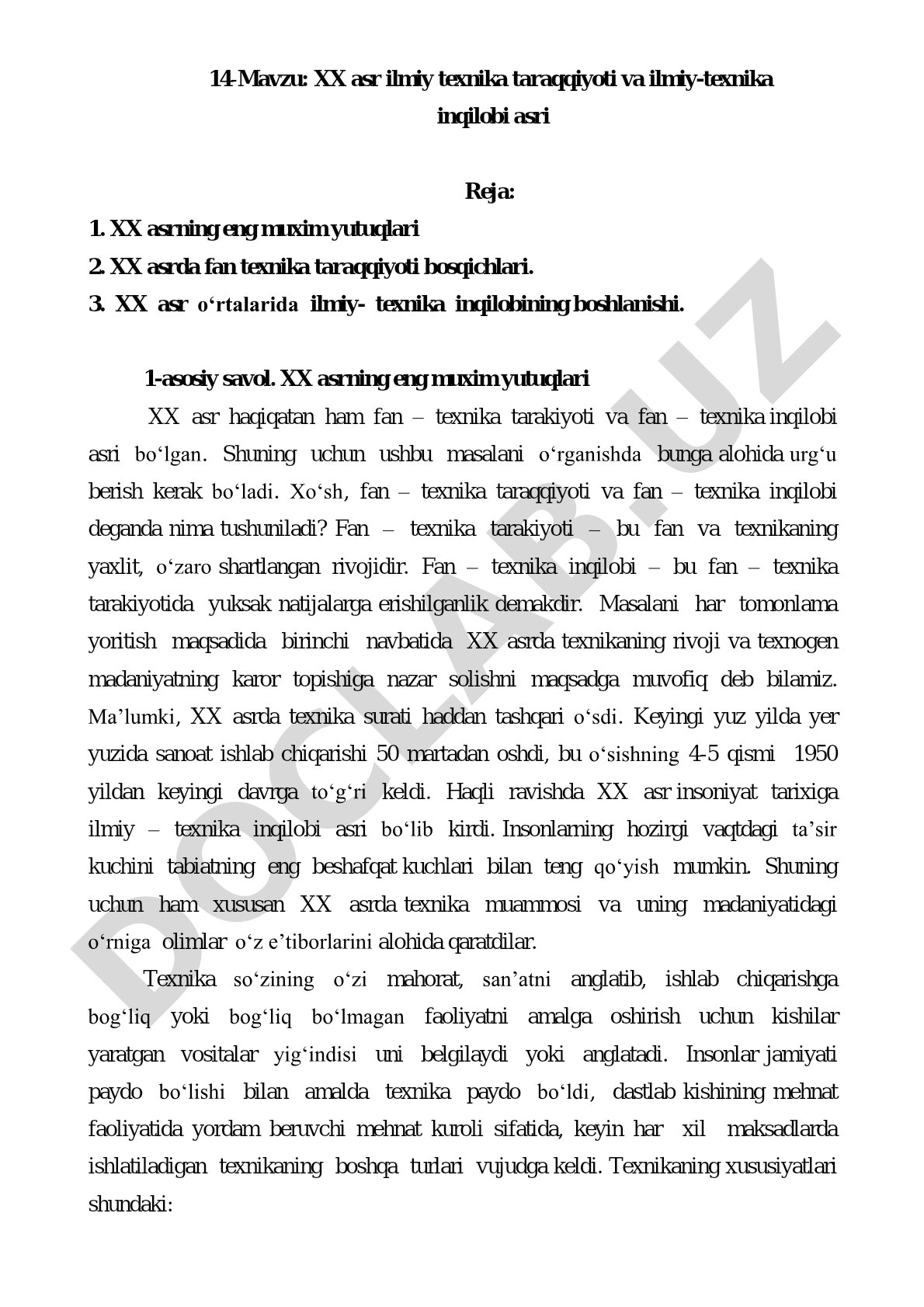 XX asr ilmiy texnika taraqqiyoti va ilmiy-texnika inqilobi asri