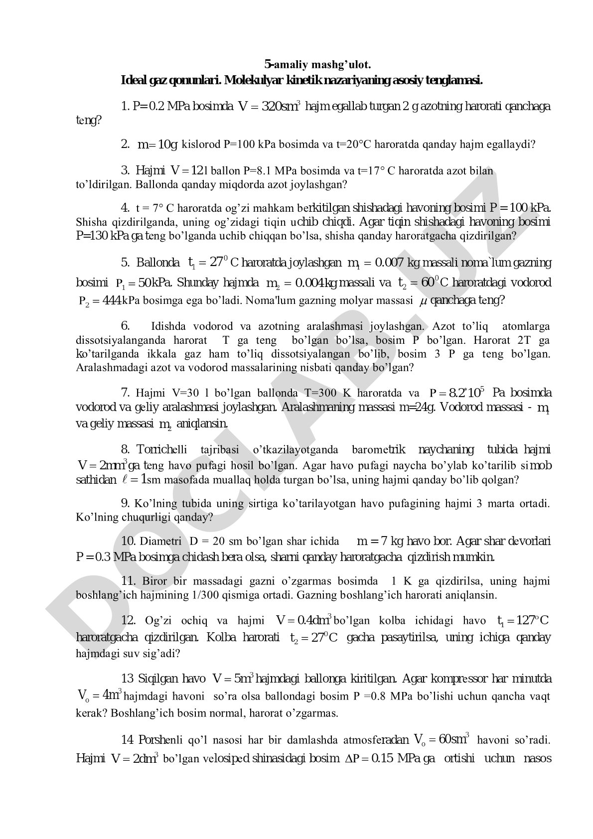 Ideal gaz qonunlari. Molekulyar kinetik nazariyaning asosiy tenglamasi