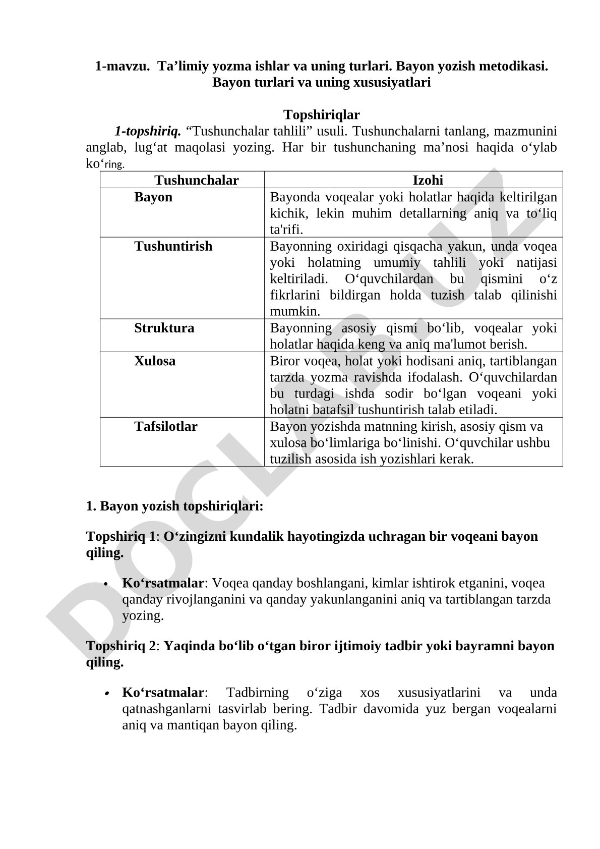 Ta’limiy yozma ishlar va uning turlari. Bayon yozish metodikasi. Bayon turlari va uning xususiyatlari