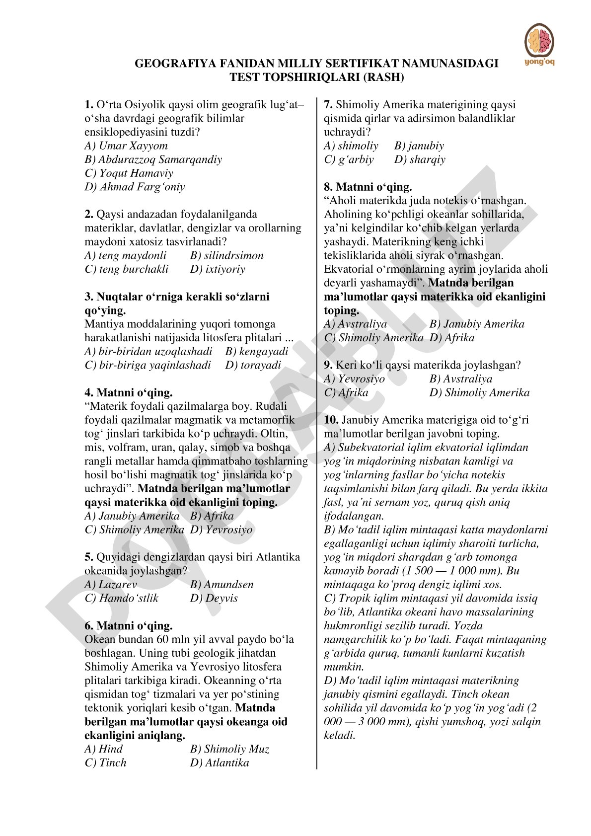 GEOGRAFIYA FANIDAN MILLIY SERTIFIKAT NAMUNASIDAGI TEST TOPSHIRIQLARI (RASH)