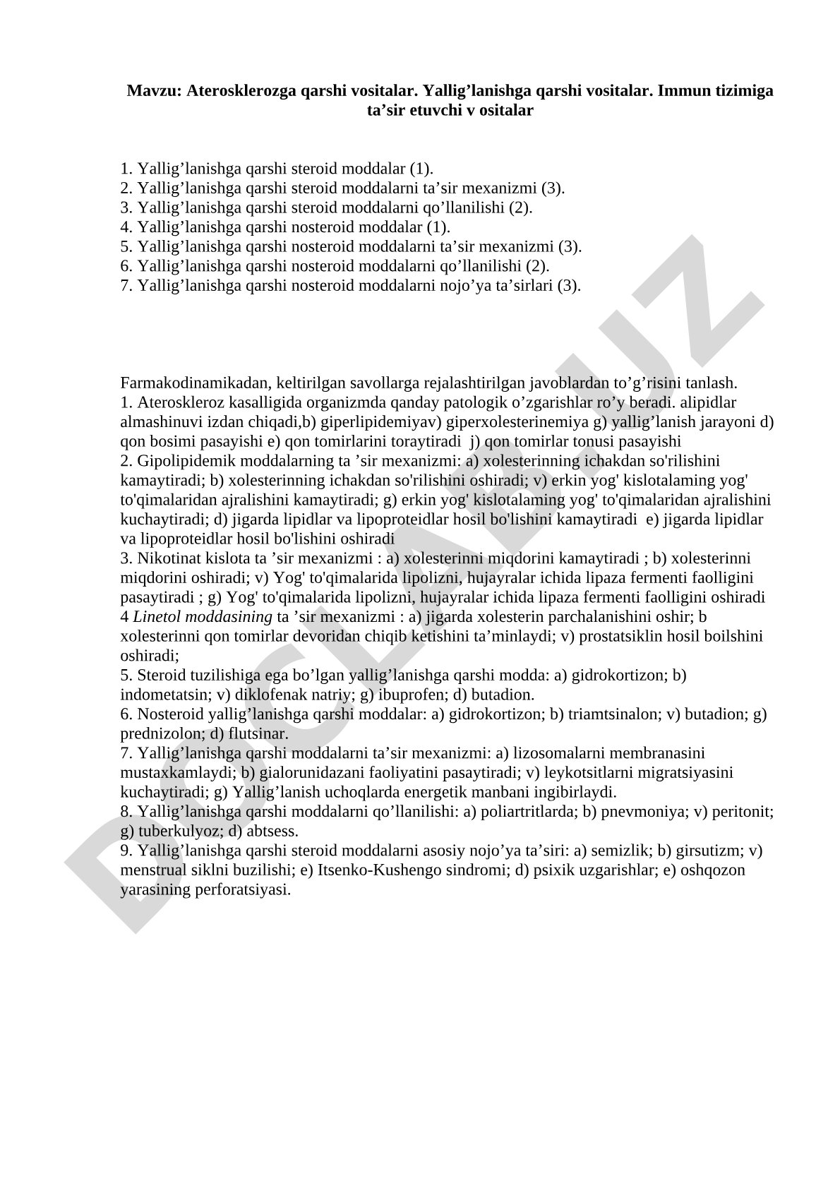 Aterosklerozga qarshi vositalar. Yallig’lanishga qarshi vositalar. Immun tizimiga ta’sir etuvchi vositalar