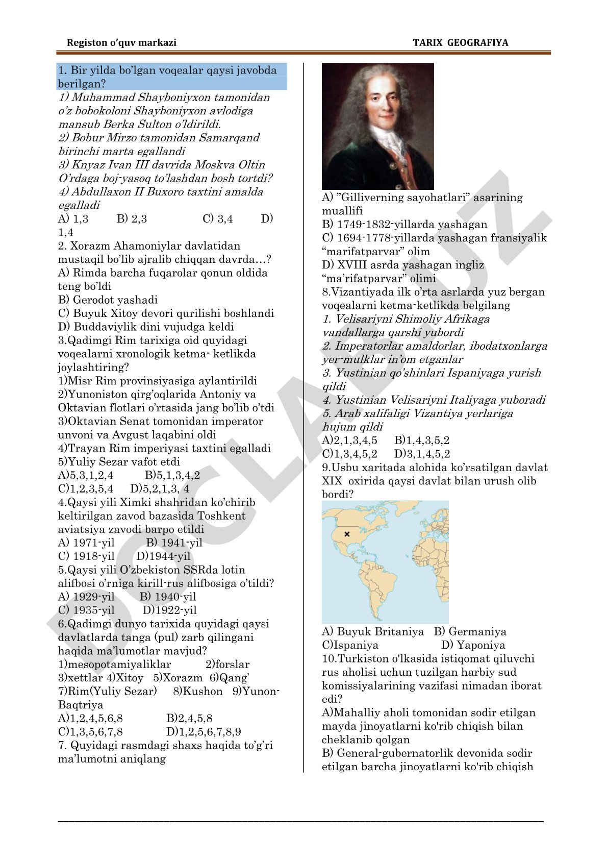 Tarix va geografiya fanlaridan test savollari