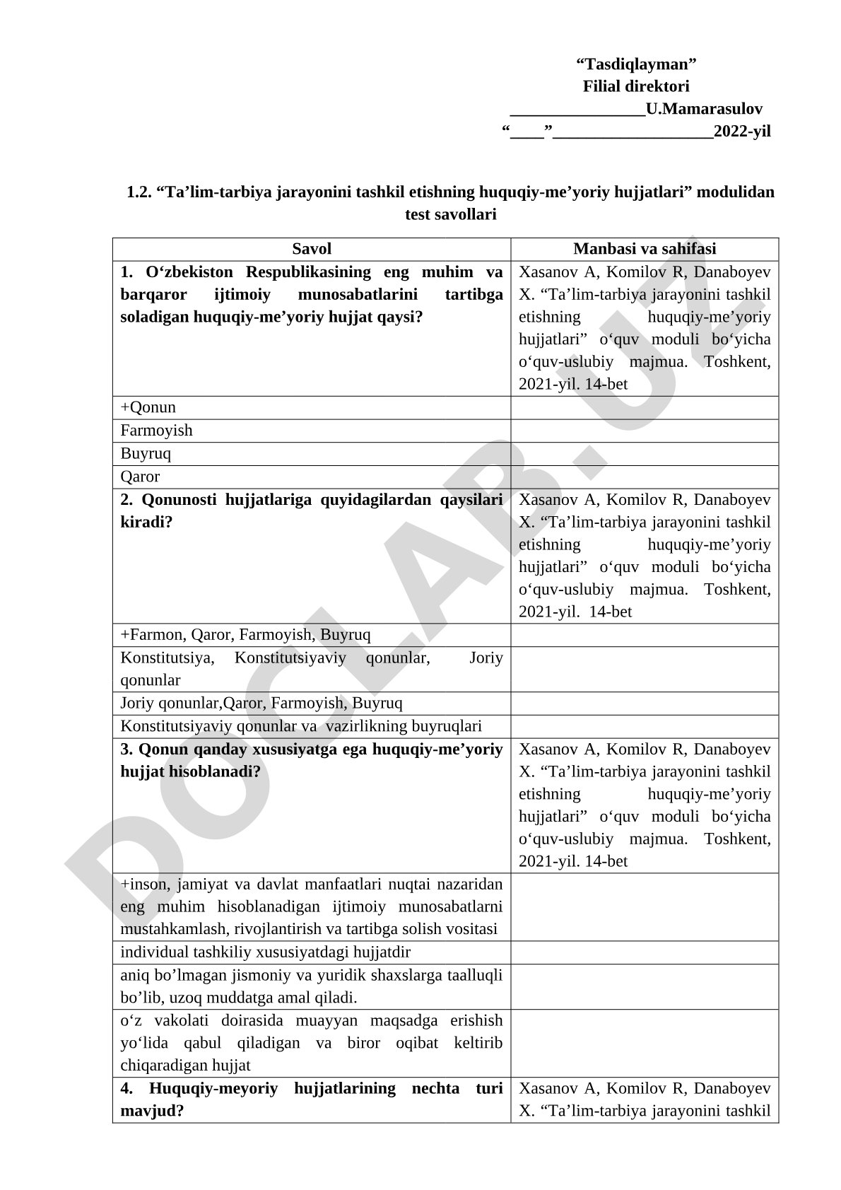 Ta’lim-tarbiya jarayonini tashkil etishning huquqiy-me’yoriy hujjatlari modulidan test savollari