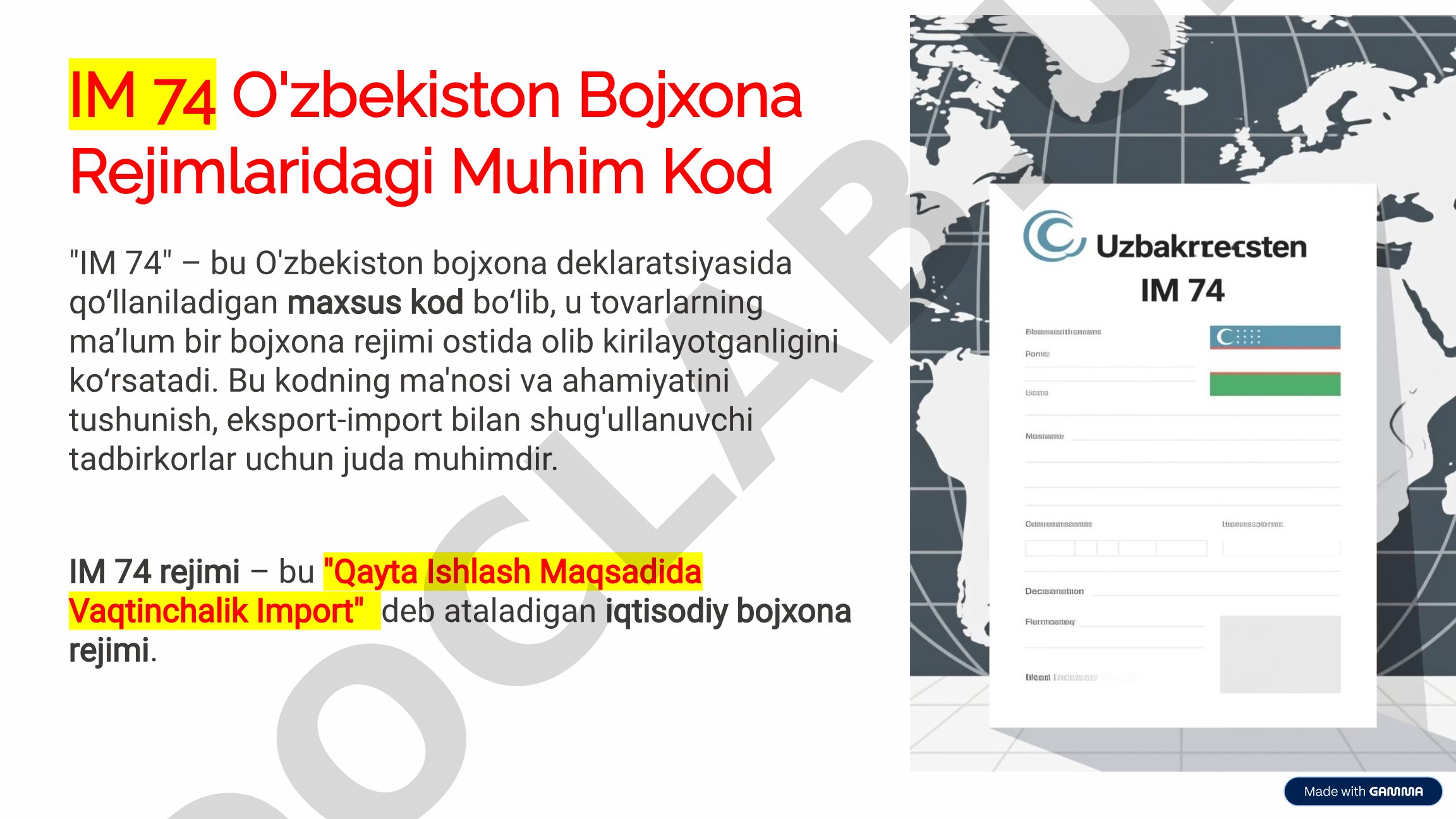 IM 74 O'zbekiston Bojxona Rejimlaridagi Muhim Kod