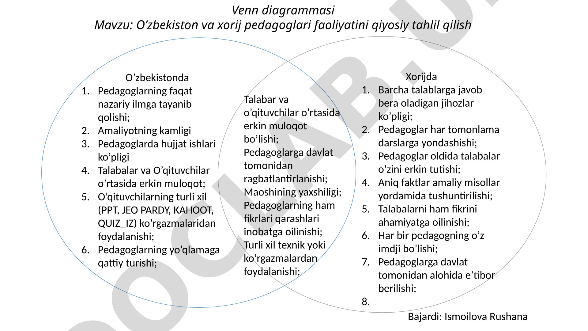 O'zbekiston va xorij pedagoglari faoliyatini qiyosiy tahlil qilish