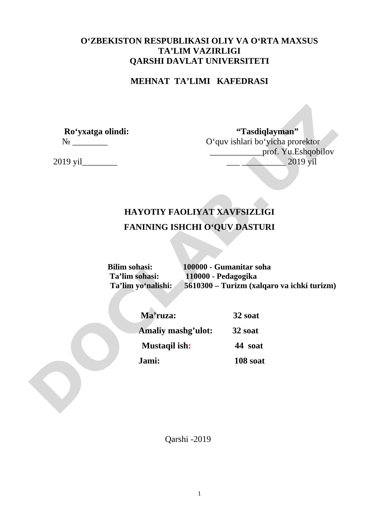 Hayotiy faoliyat xavfsizligi fanining ishchi o‘quv dasturi