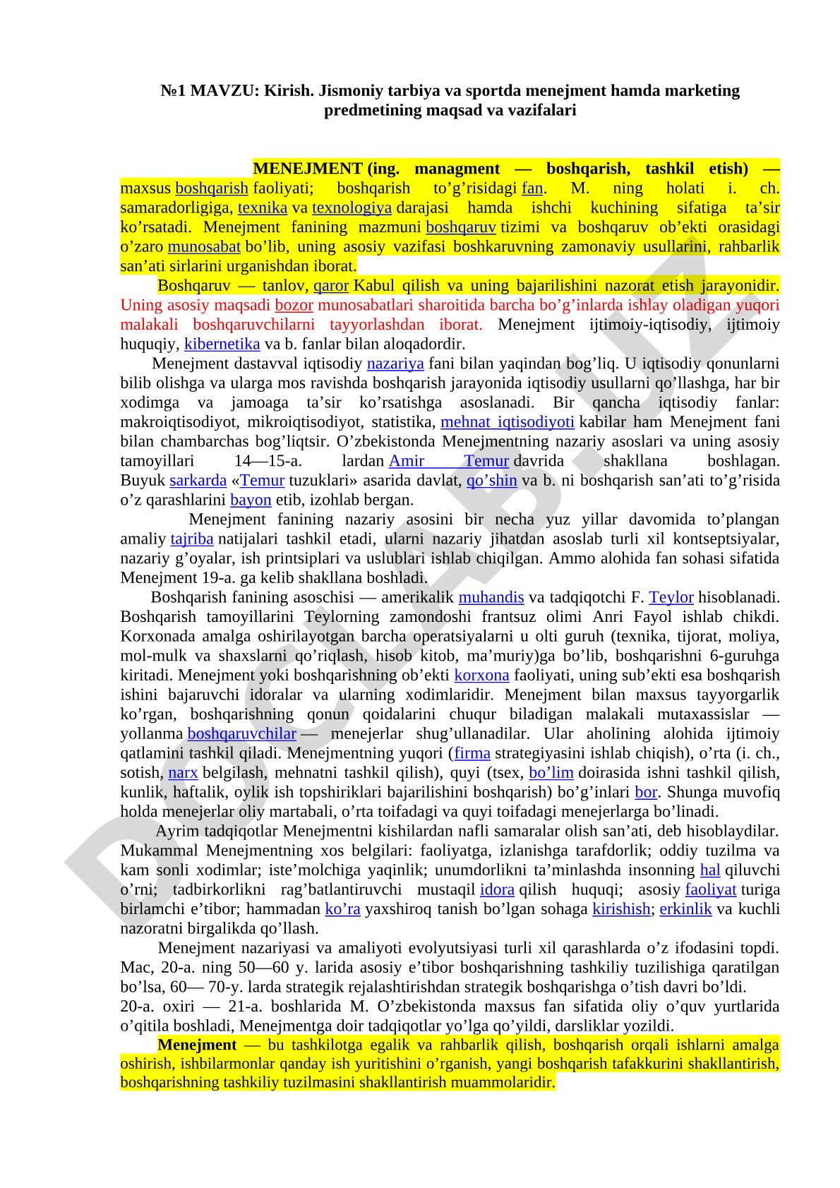 Jismoniy tarbiya va sportda menejment hamda marketing predmetining maqsad va vazifalari
