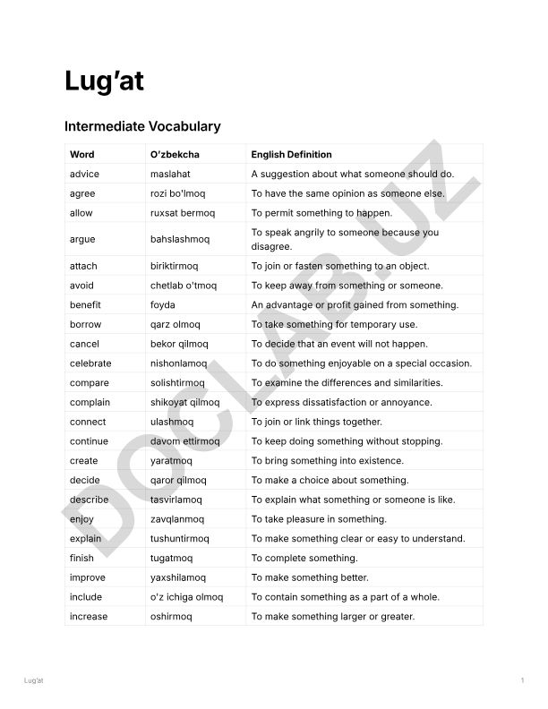 Inglizcha-o'zbekcha lug'at: Intermediate Vocabulary Words