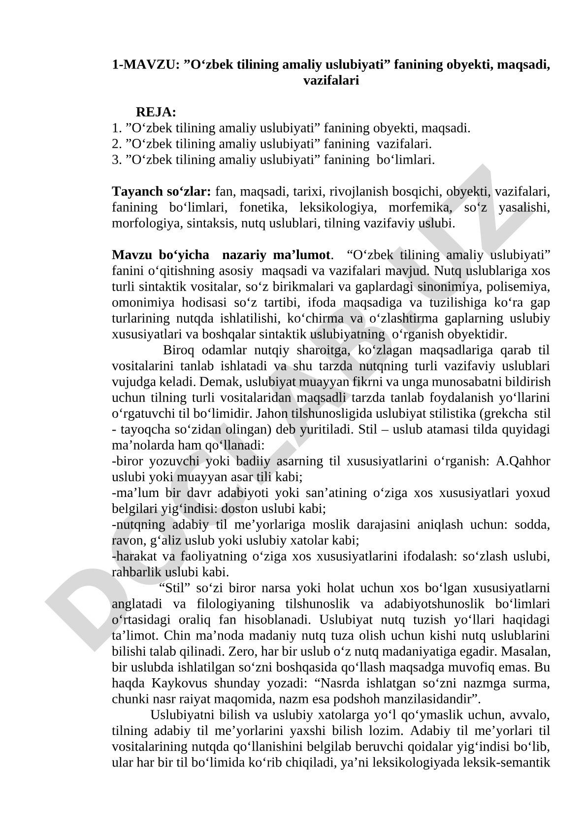 O‘zbek tilining amaliy uslubiyati fanining obyekti, maqsadi, vazifalari