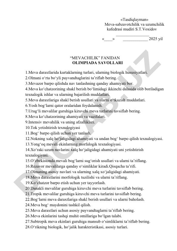 Meva-sabzavotchilik va uzumchilik fanidan olimpiada savollari