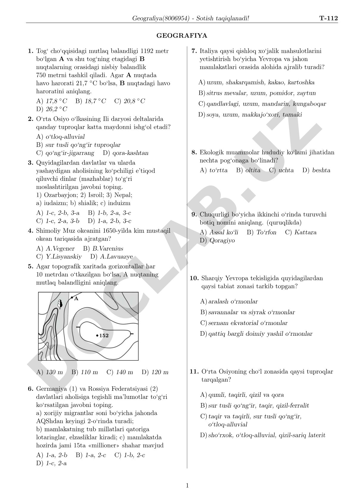 Geografiya test savollari