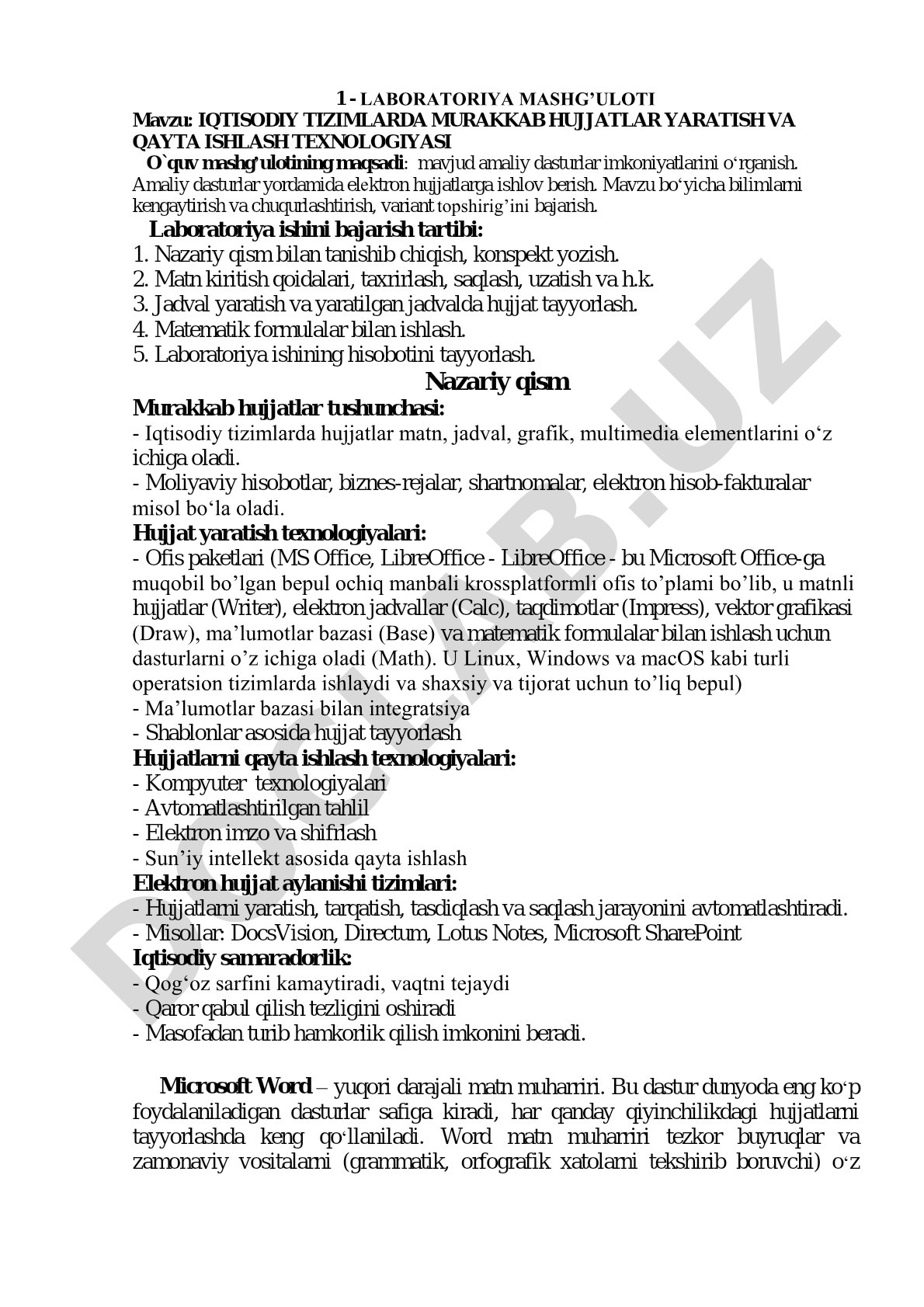 Iqtisodiy tizimlarda murakkab hujjatlar yaratish va qayta ishlash texnologiyasi