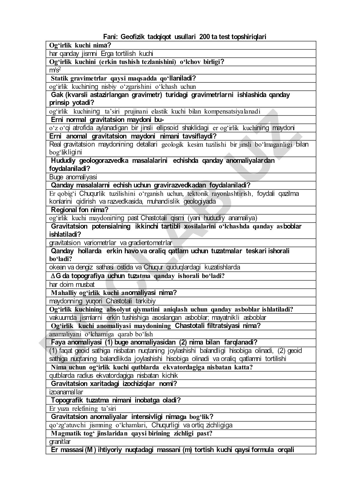 Geofizik tadqiqot usullari test topshiriqlari
