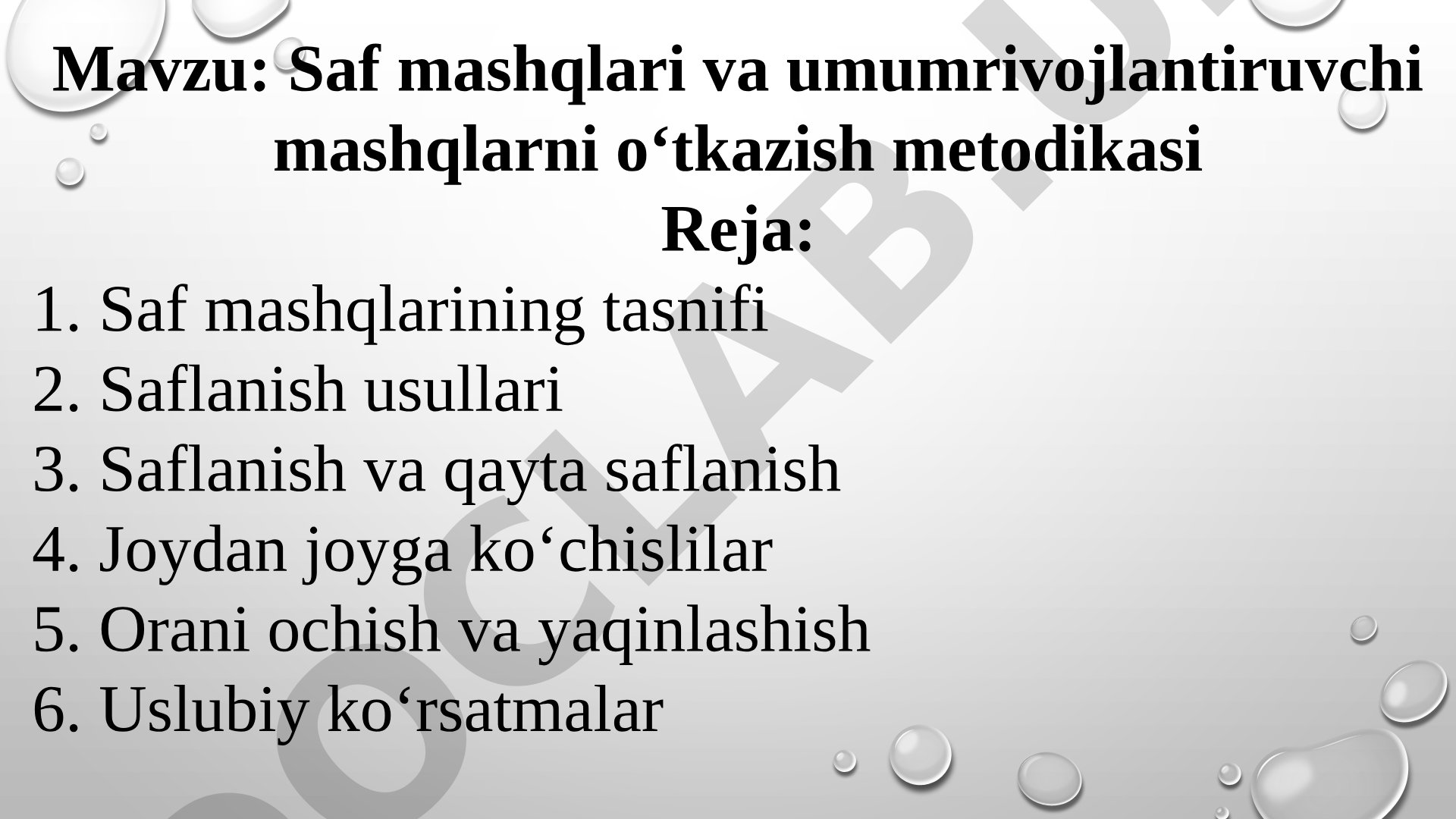 Saf mashqlari va umumrivojlantiruvchi mashqlarni o‘tkazish metodikasi