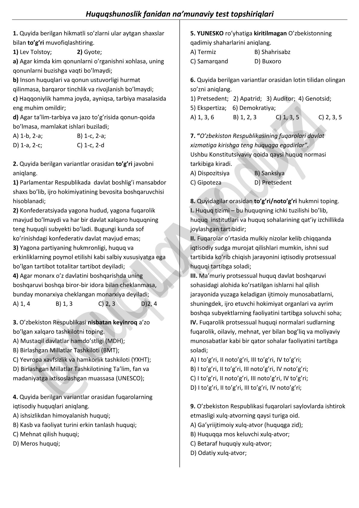 Huquqshunoslik fanidan namunaviy test topshiriqlari