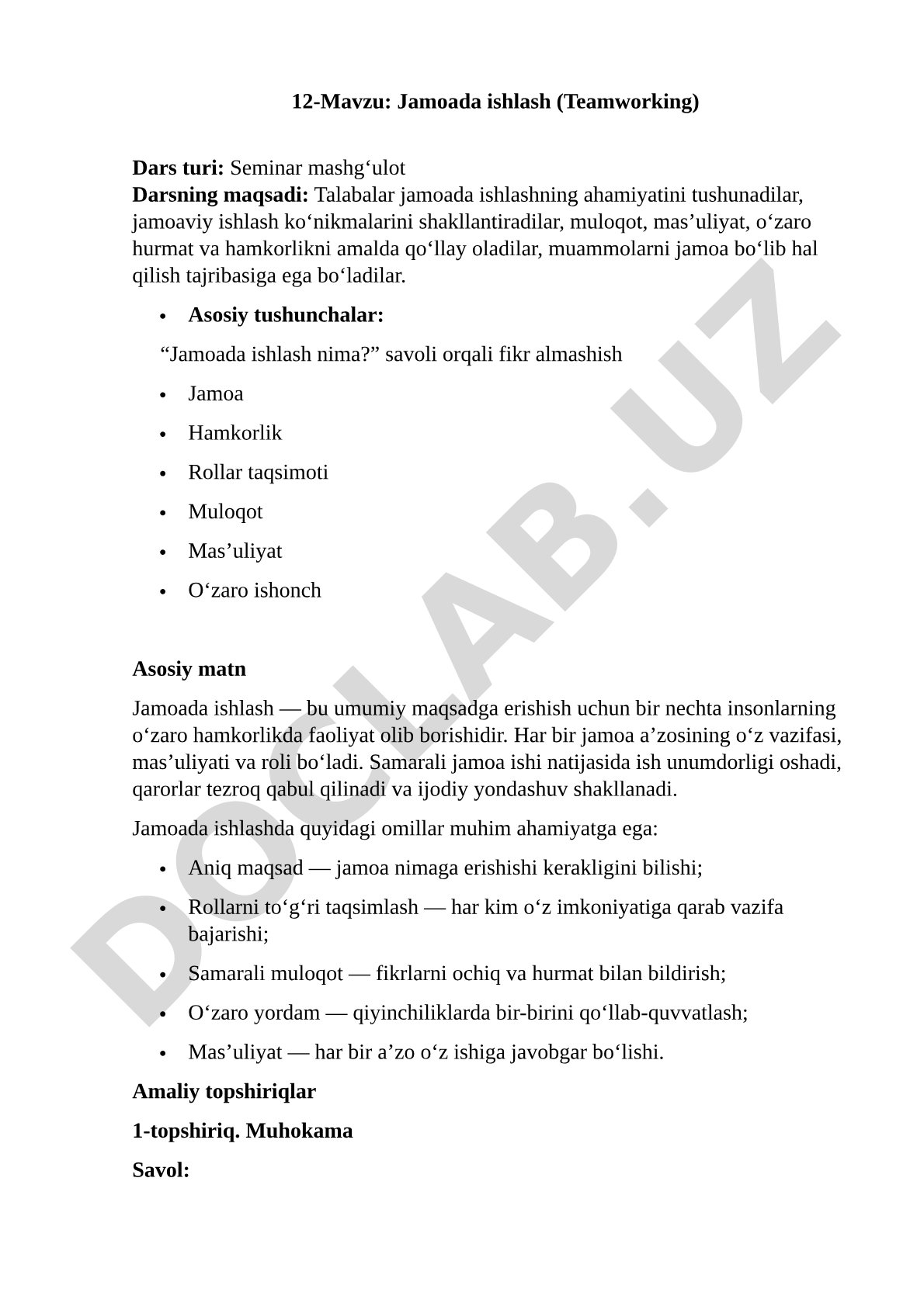 Jamoada ishlash (Teamworking)