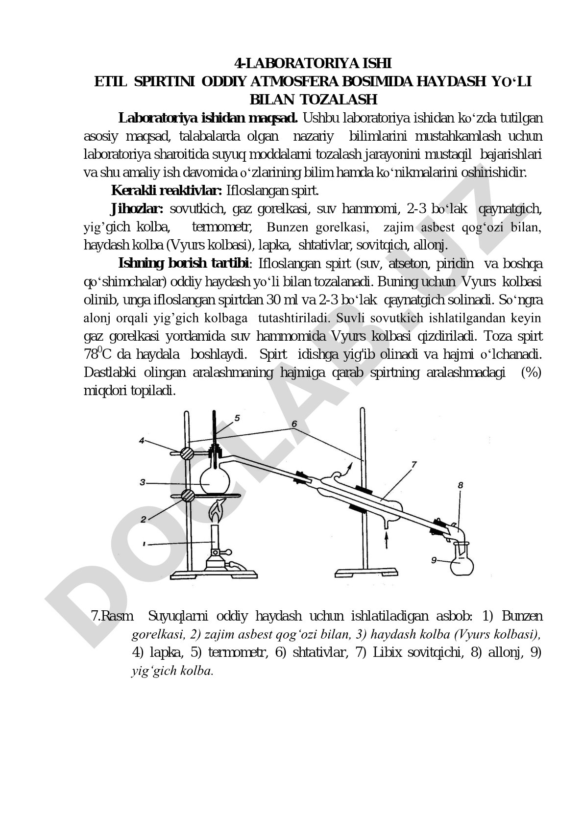 4-LABORATORIYA ISHI ETIL SPIRTINI ODDIY ATMOSFERA BOSIMIDA HAYDASH YO‘LI BILAN TOZALASH Laboratoriya