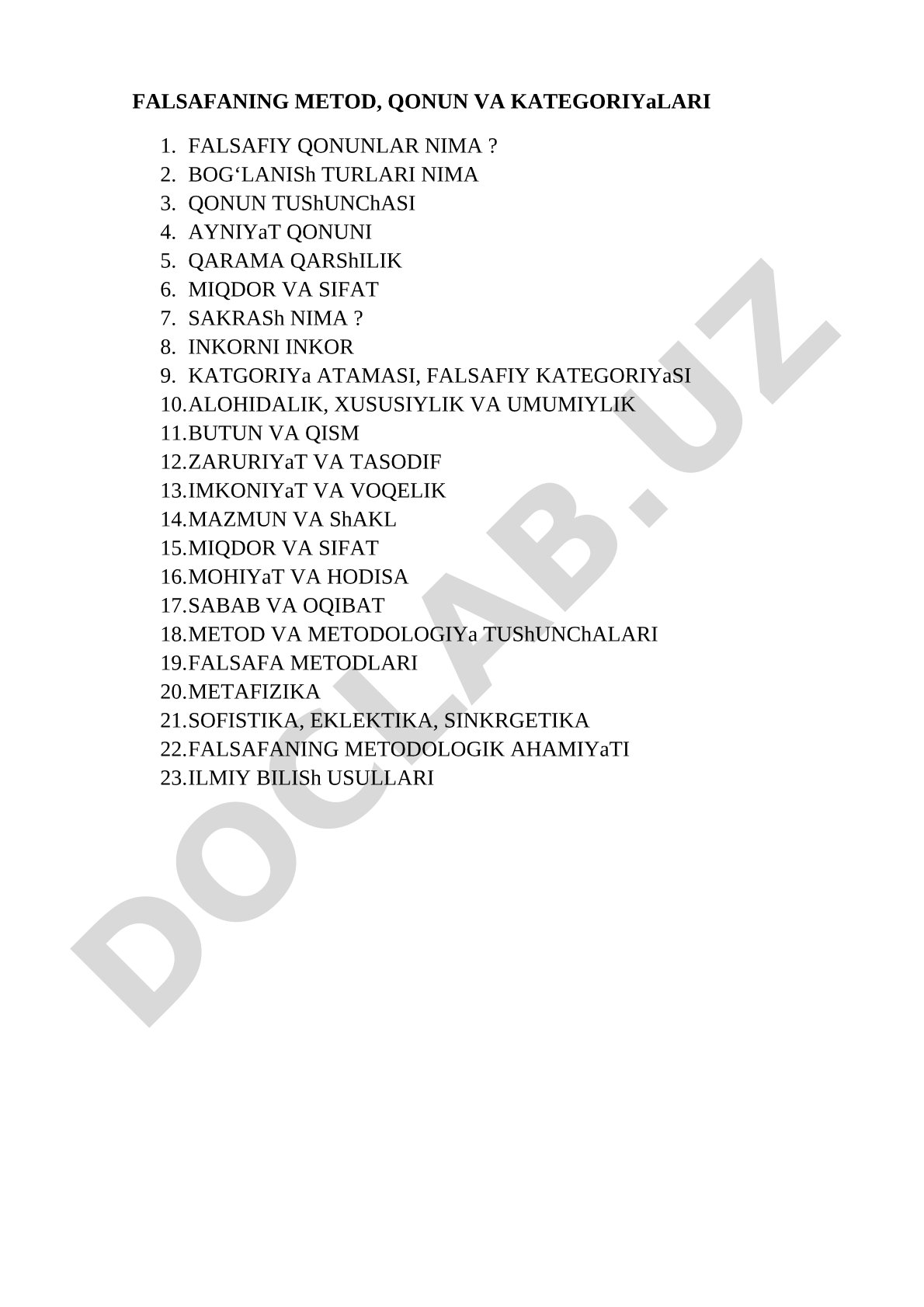 FALSAFANING METOD, QONUN VA KATEGORIYaLARI