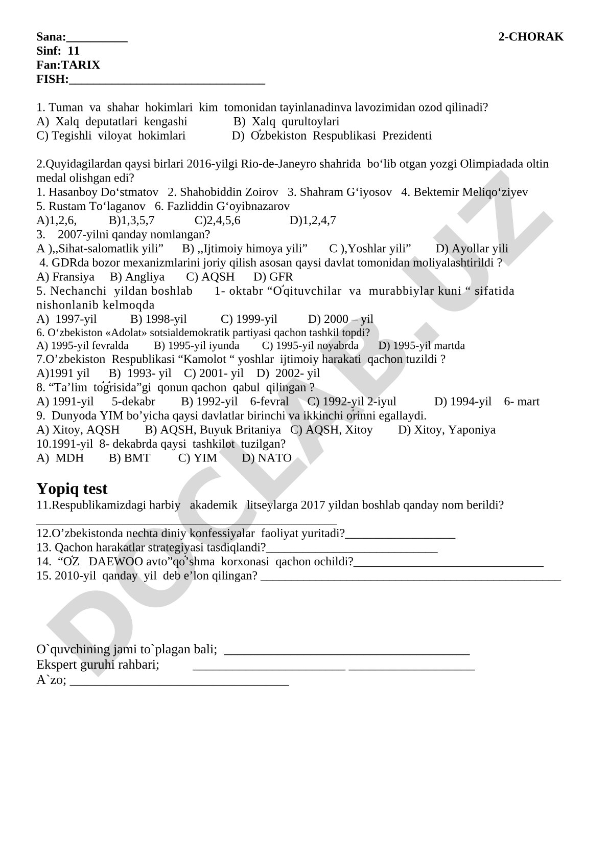 11-sinf tarix fanidan 2-chorak testi