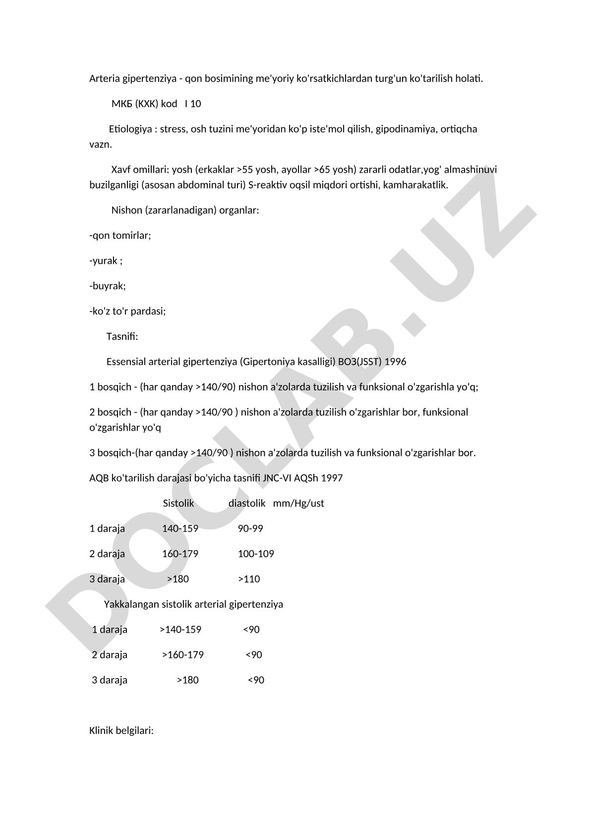 Qon bosimi ko'tarilishi: etiologiya, tasnif, klinik belgilar