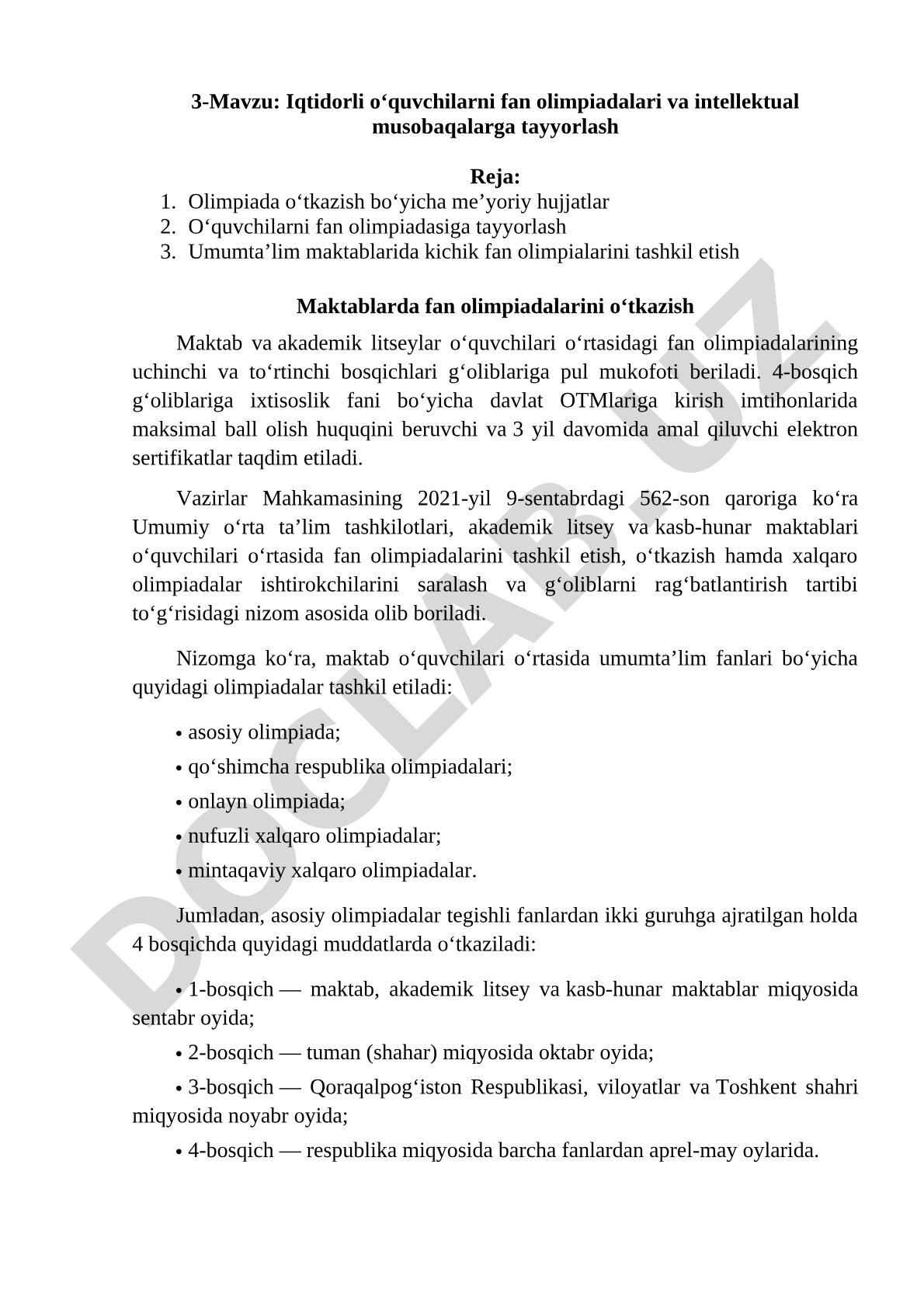 Iqtidorli o‘quvchilarni fan olimpiadalari va intellektual musobaqalarga tayyorlash